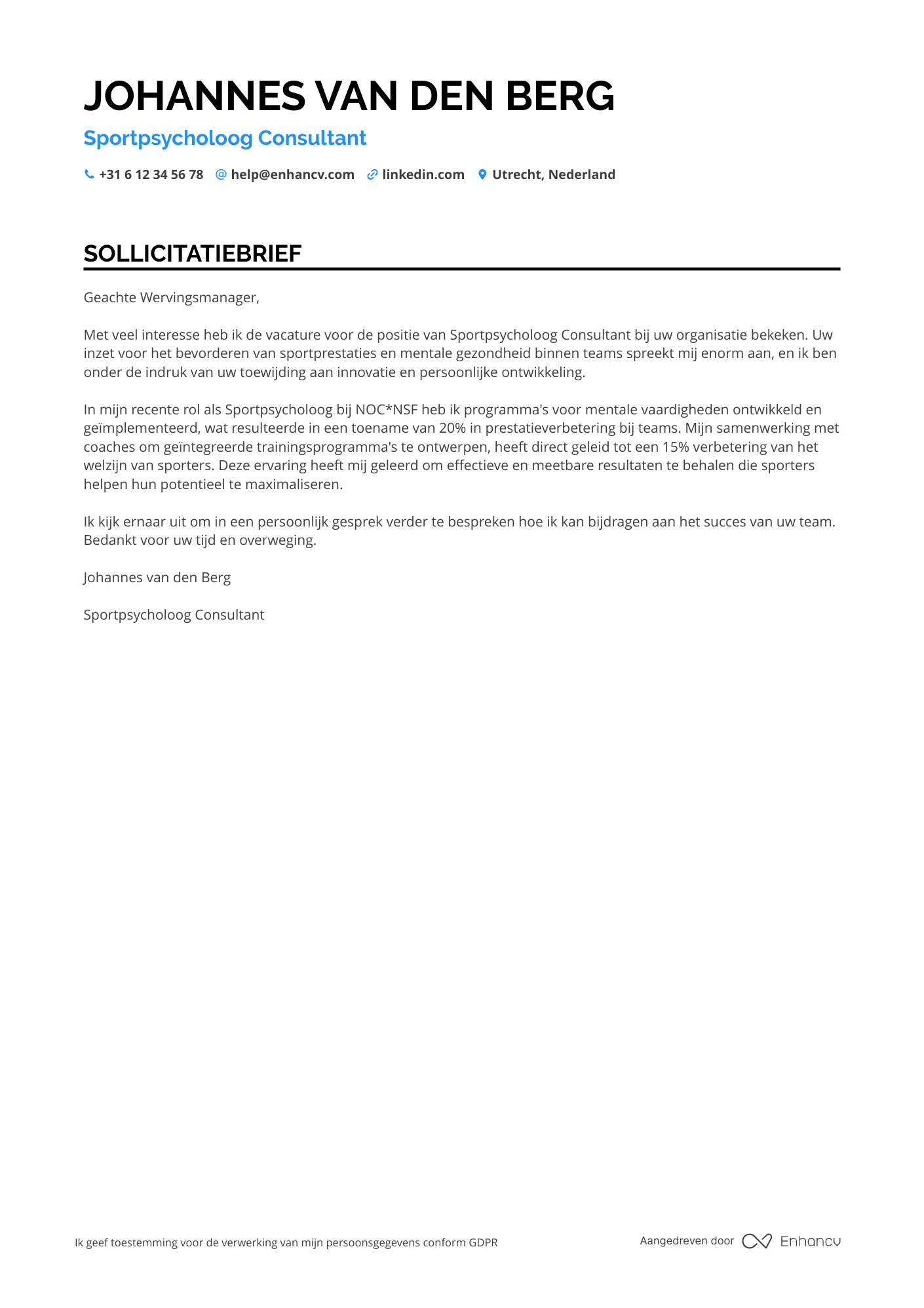 Sollicitatiebrief voor Sport Psychology Consultant Resume Example
