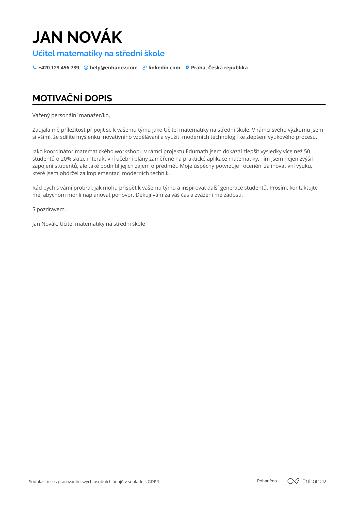 Motivační dopis pro Učitel matematiky na mezinárodní škole Resume Example