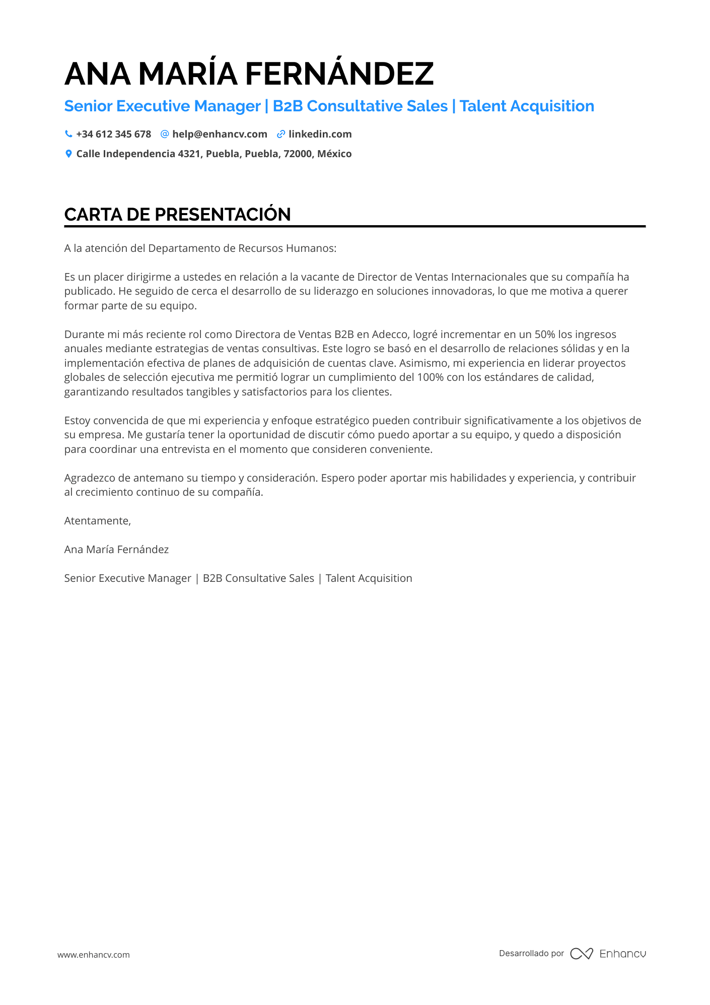 Ejecutivo de Ventas Senior Resume Example