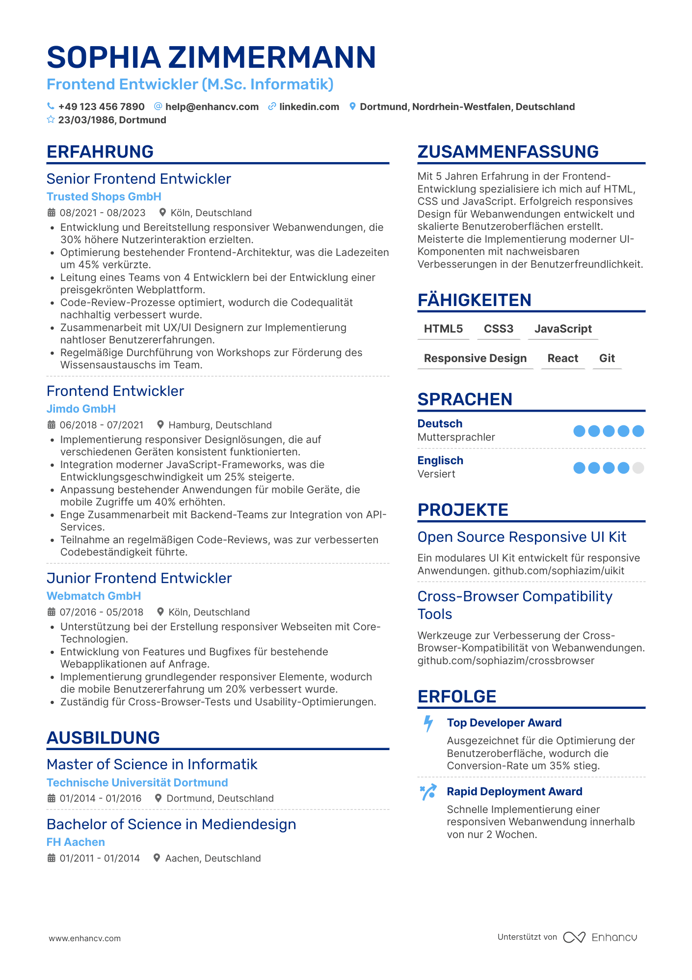 Lebenslauf als Frontend Entwickler für Responsive Design Resume Example
