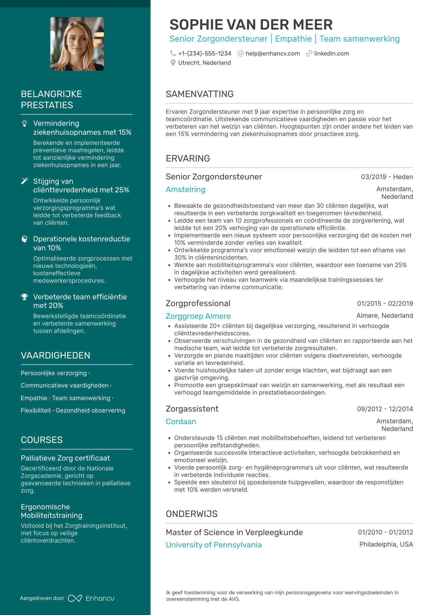 CV voor Zorgondersteuner Resume Example