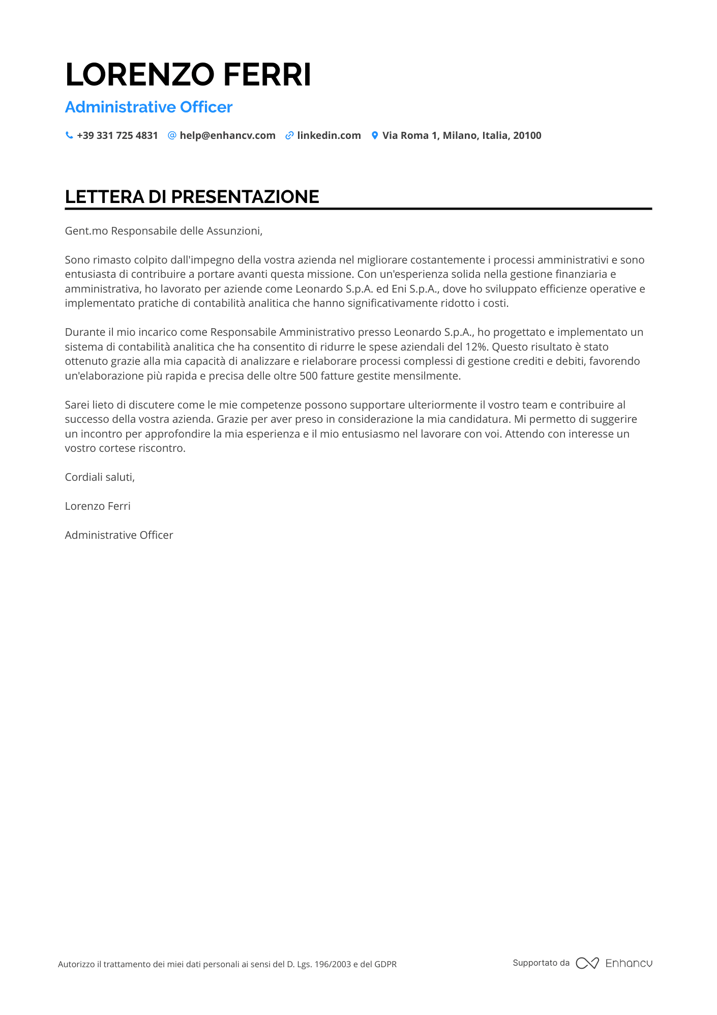 Impiegato Amministrativo nel Settore dell'Istruzione Resume Example