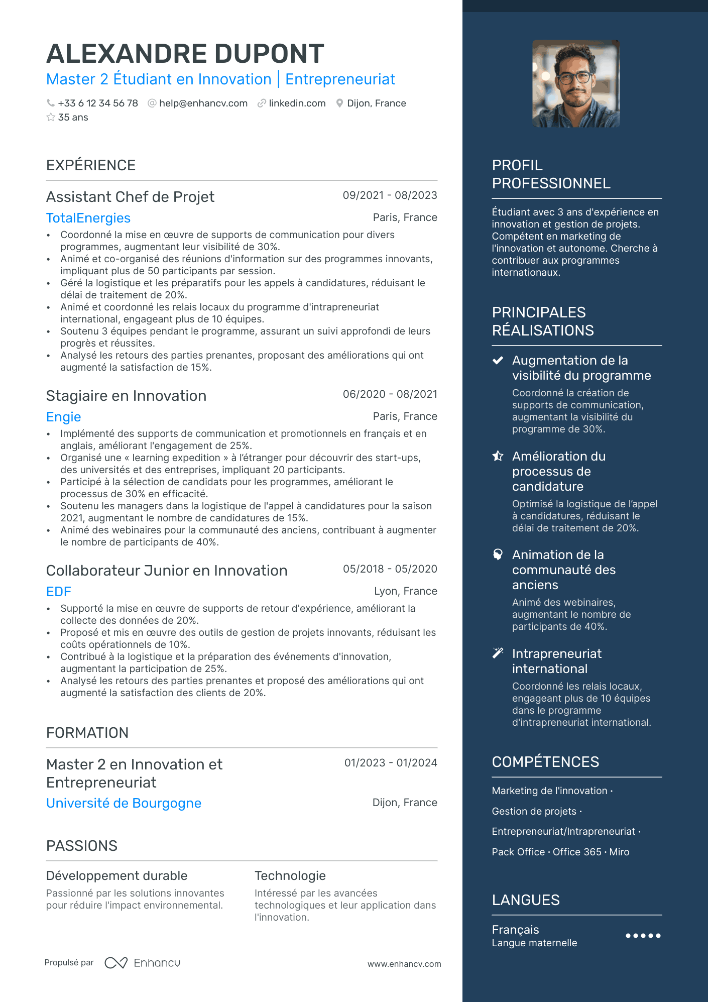 Chef de projet débutant Resume Example