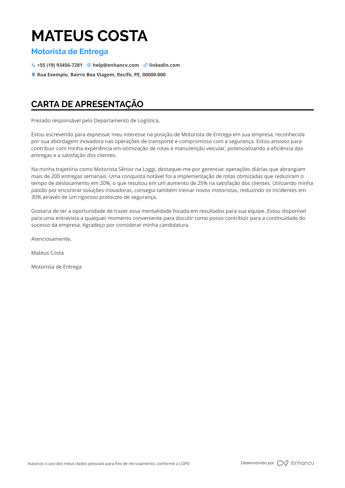 Motorista de Táxi Resume Example