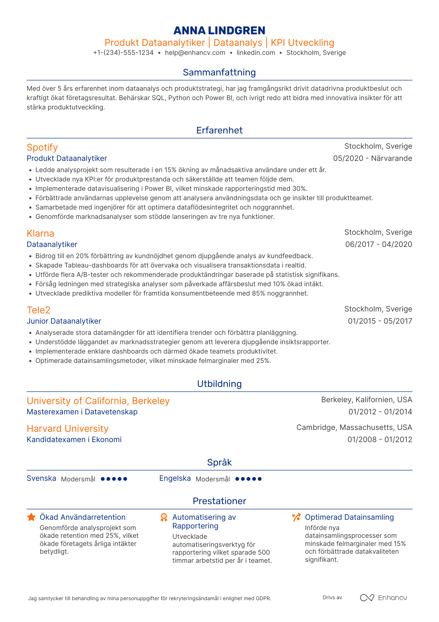 CV för Produkt Dataanalytiker Resume Example
