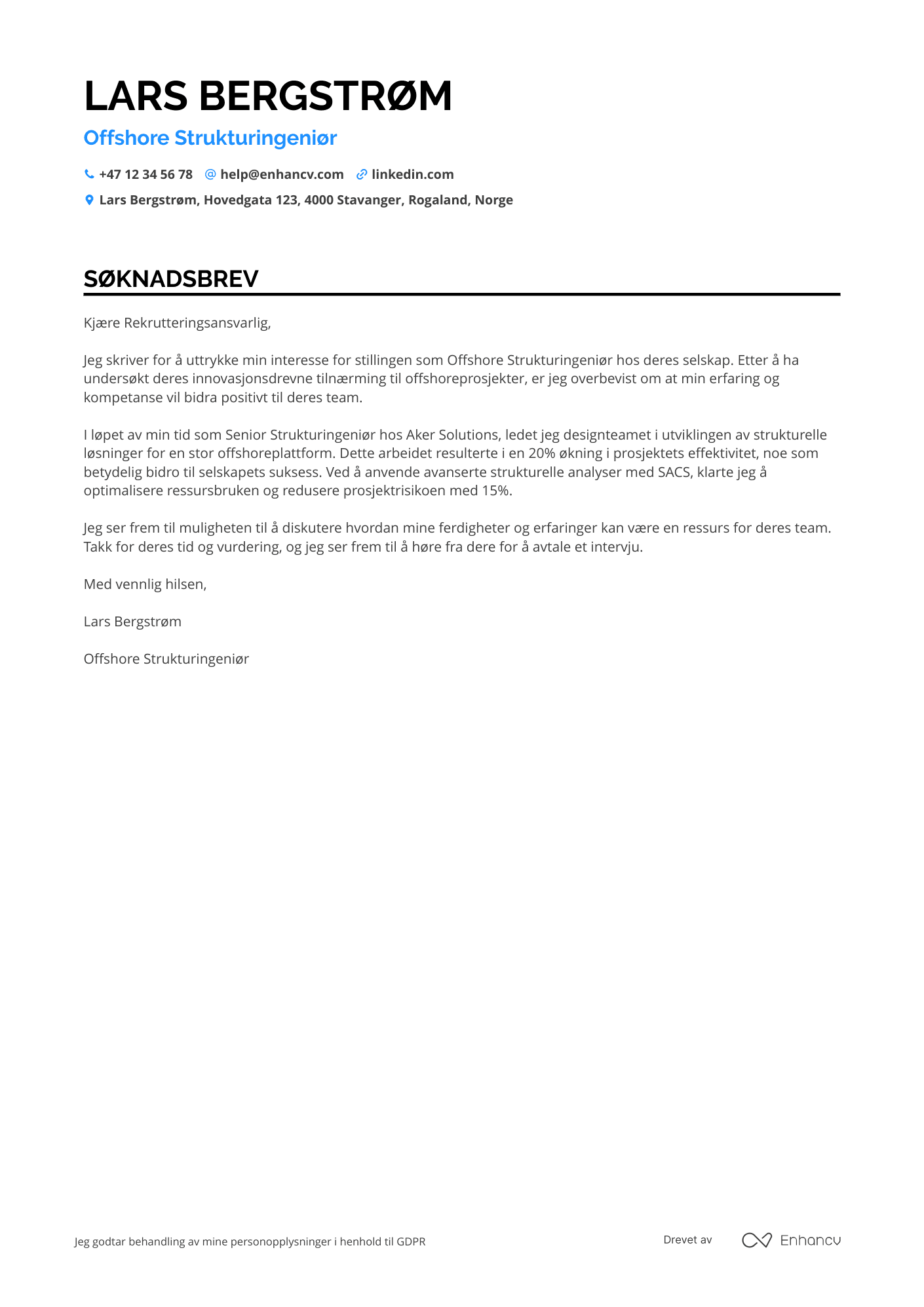 Søknadsbrev for Offshore Strukturingeniør Resume Example