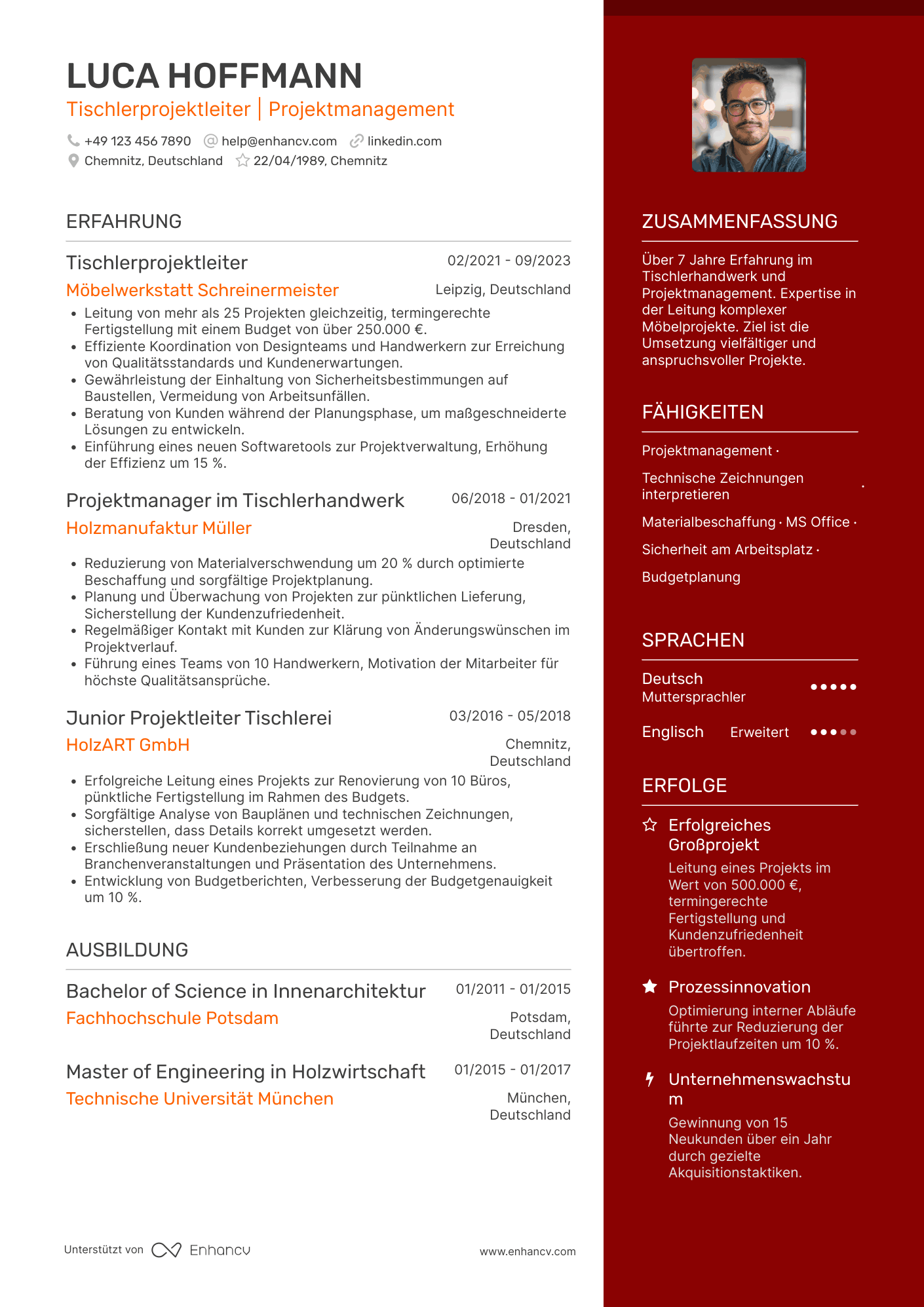 Lebenslauf als Tischlerprojektleiter Resume Example