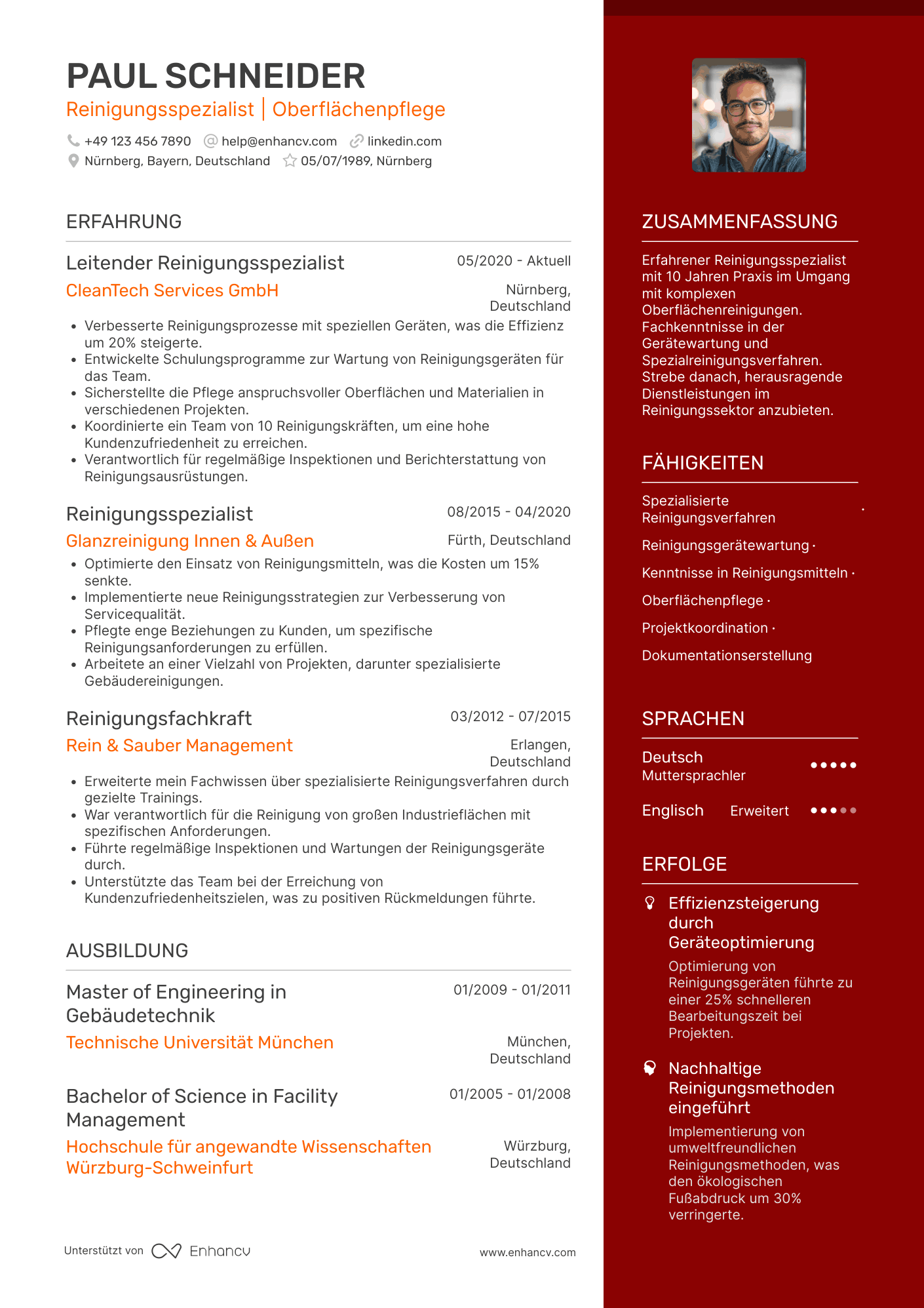 Lebenslauf als Reinigungskraft mit Spezialisierung Resume Example