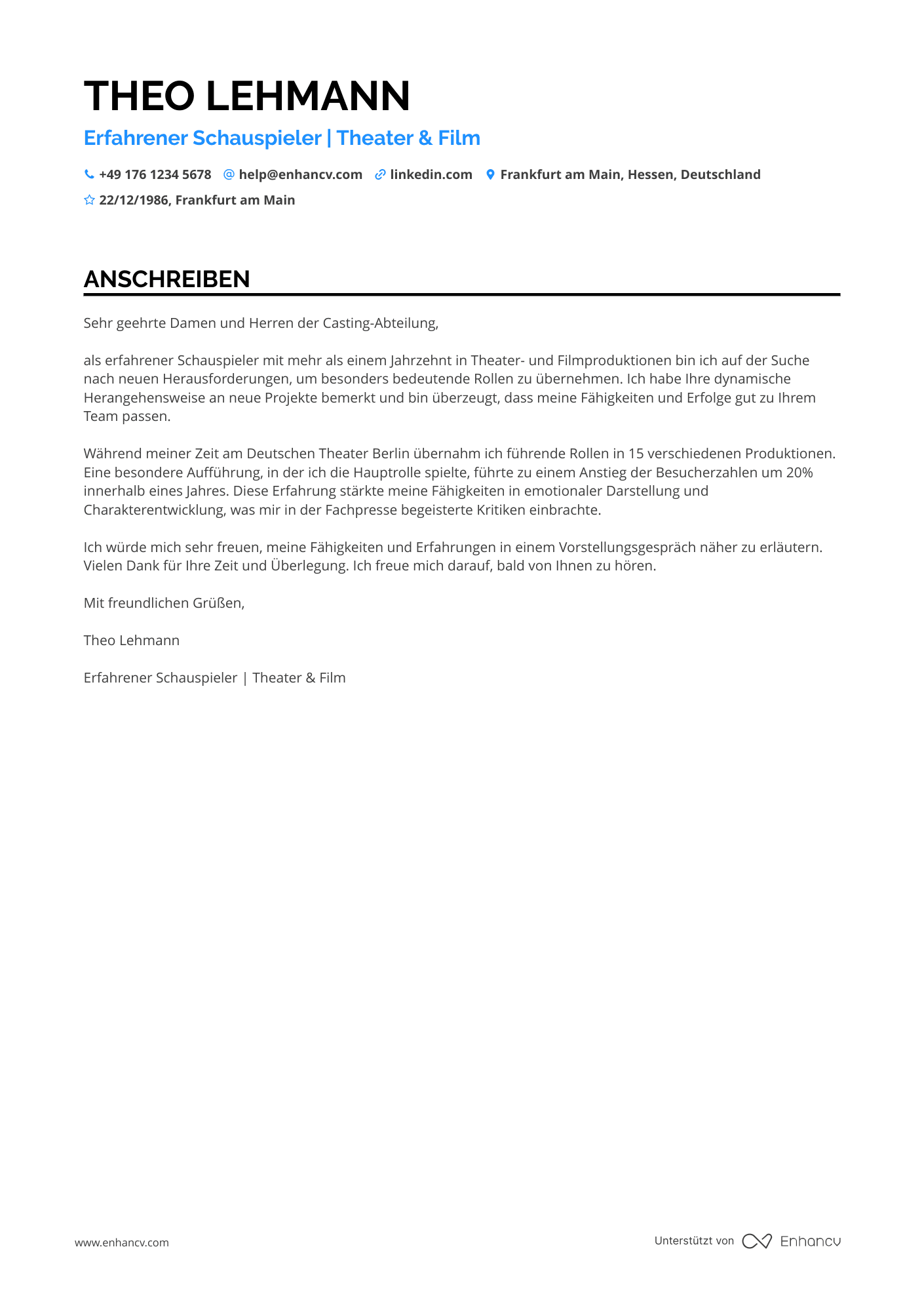 Erfahrener Schauspieler Resume Example