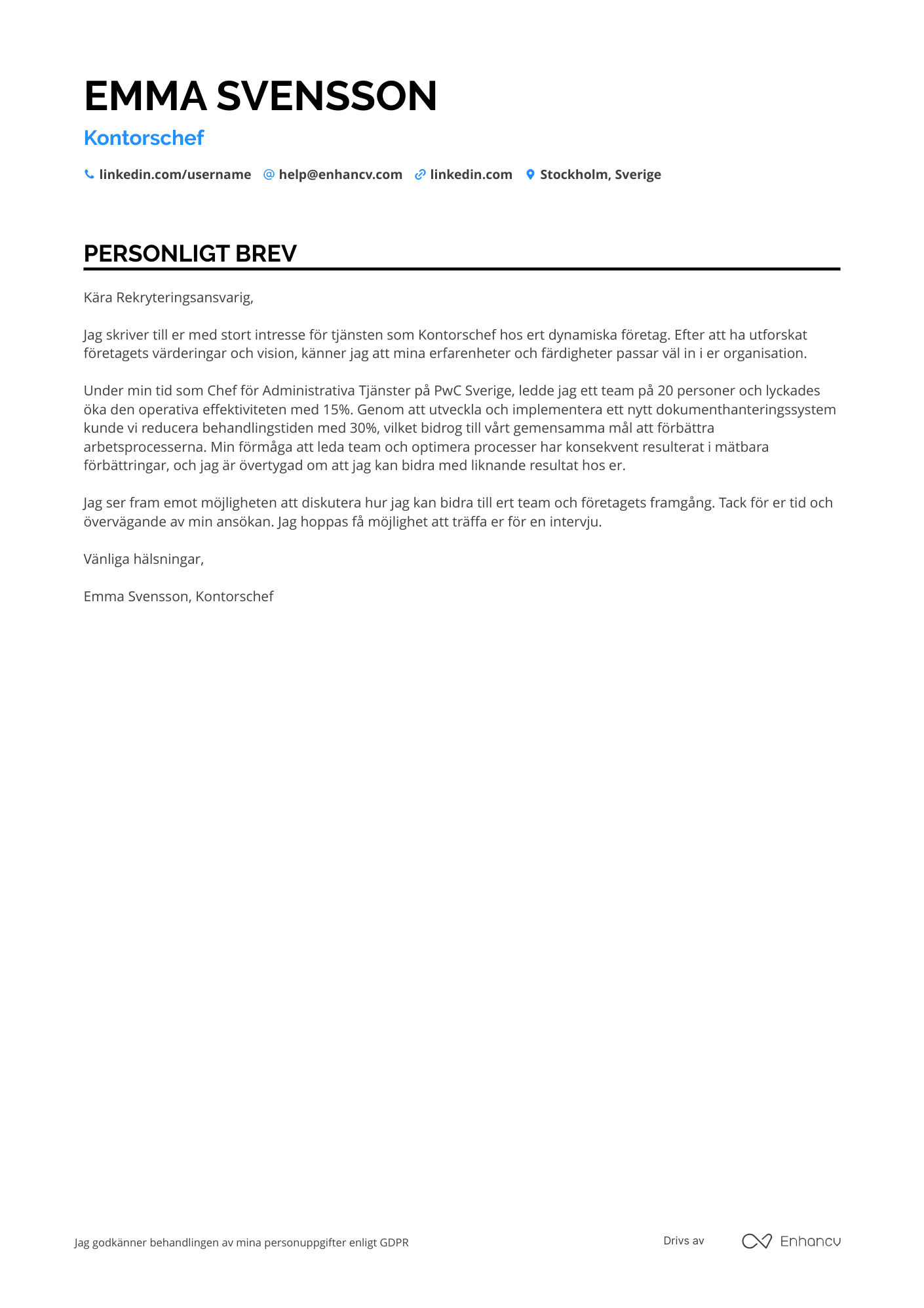 Personligt brev för Kontorschef Administration Resume Example