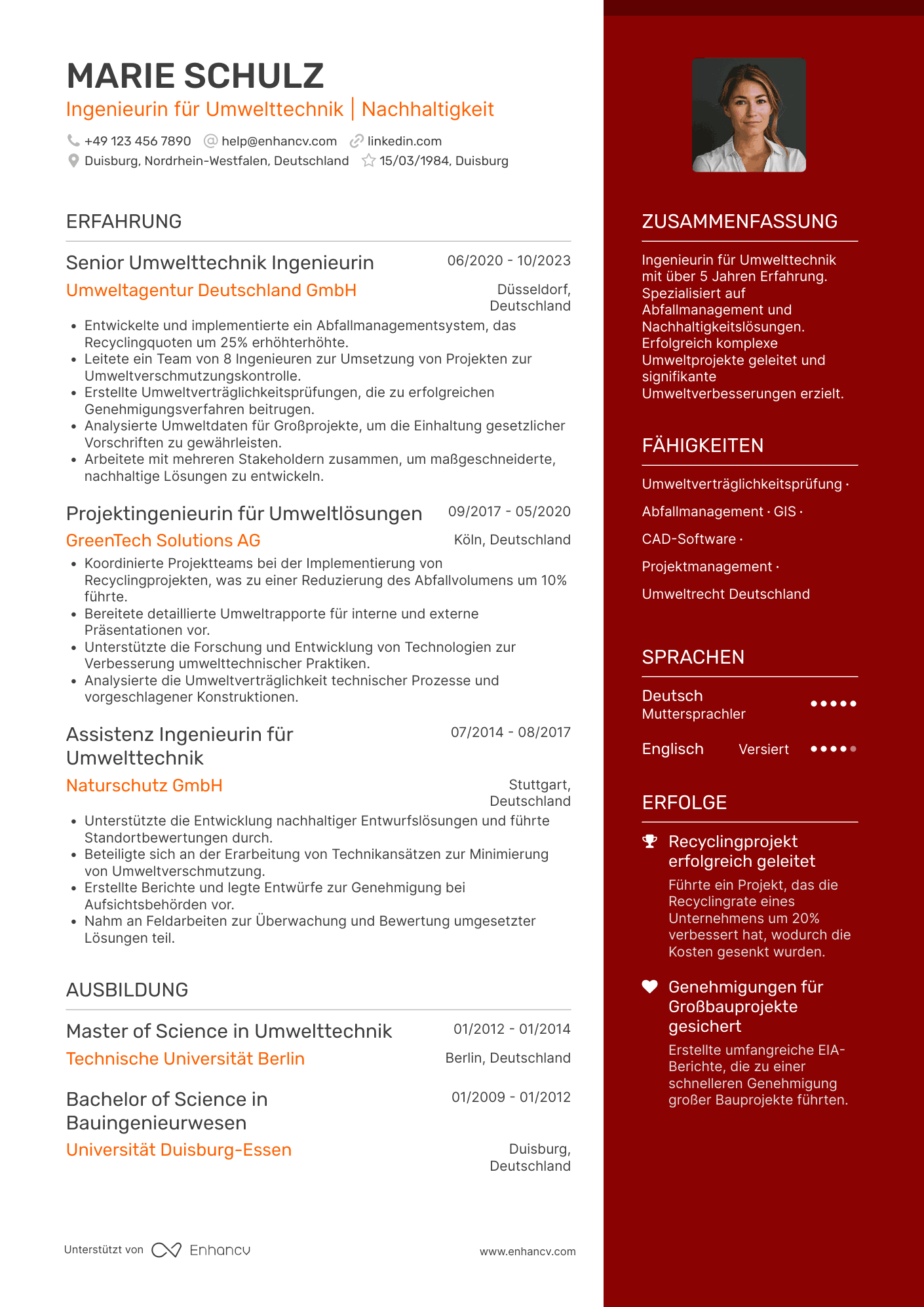 Lebenslauf als Ingenieur für Umwelttechnik Resume Example