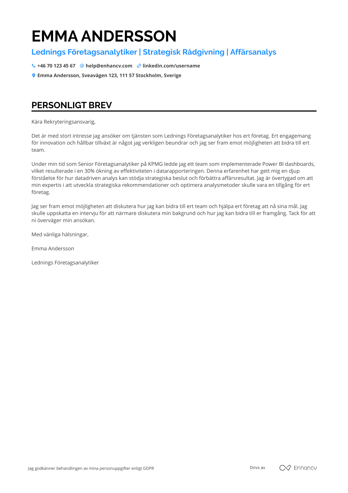 Personligt brev för Lednings Företagsanalytiker Resume Example