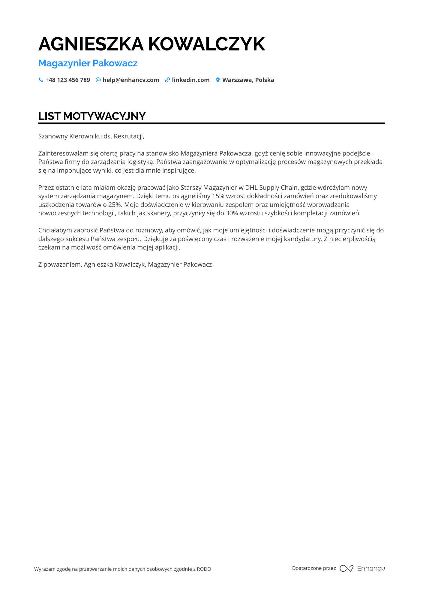 List motywacyjny dla Magazynier Pakowacz Resume Example