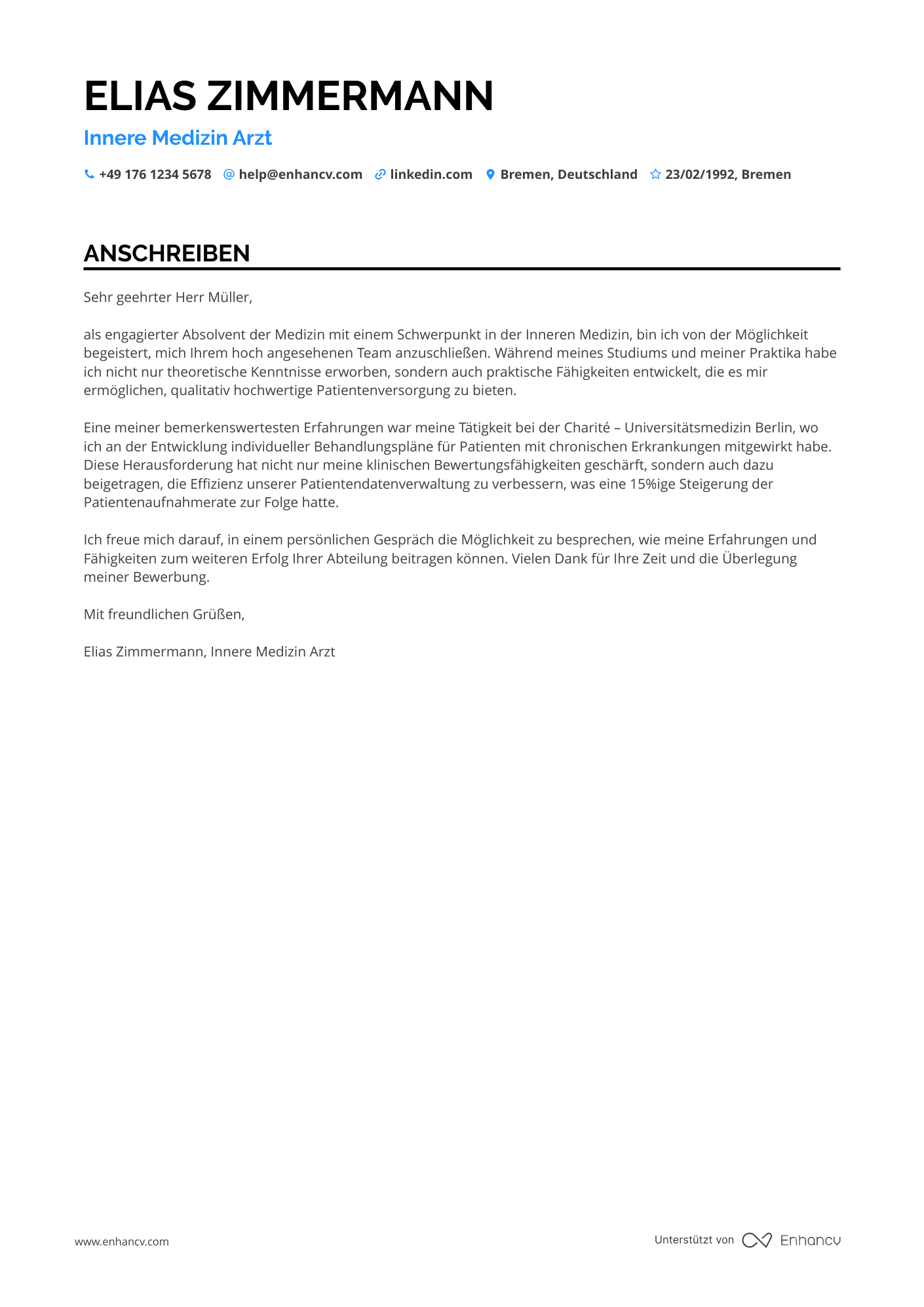 Arzt für Innere Medizin Resume Example