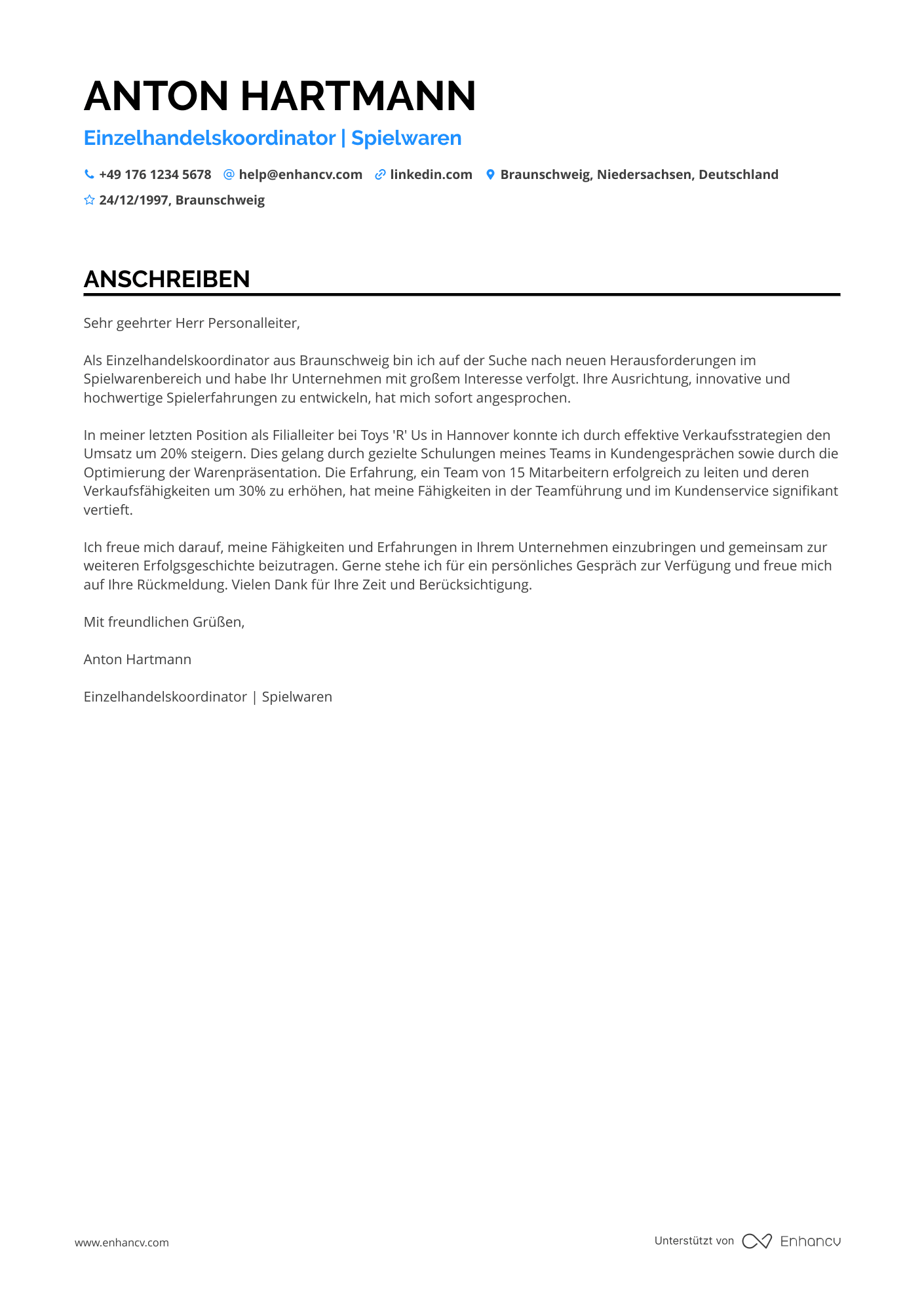 Einzelhandelskoordinator für Spielwaren Resume Example