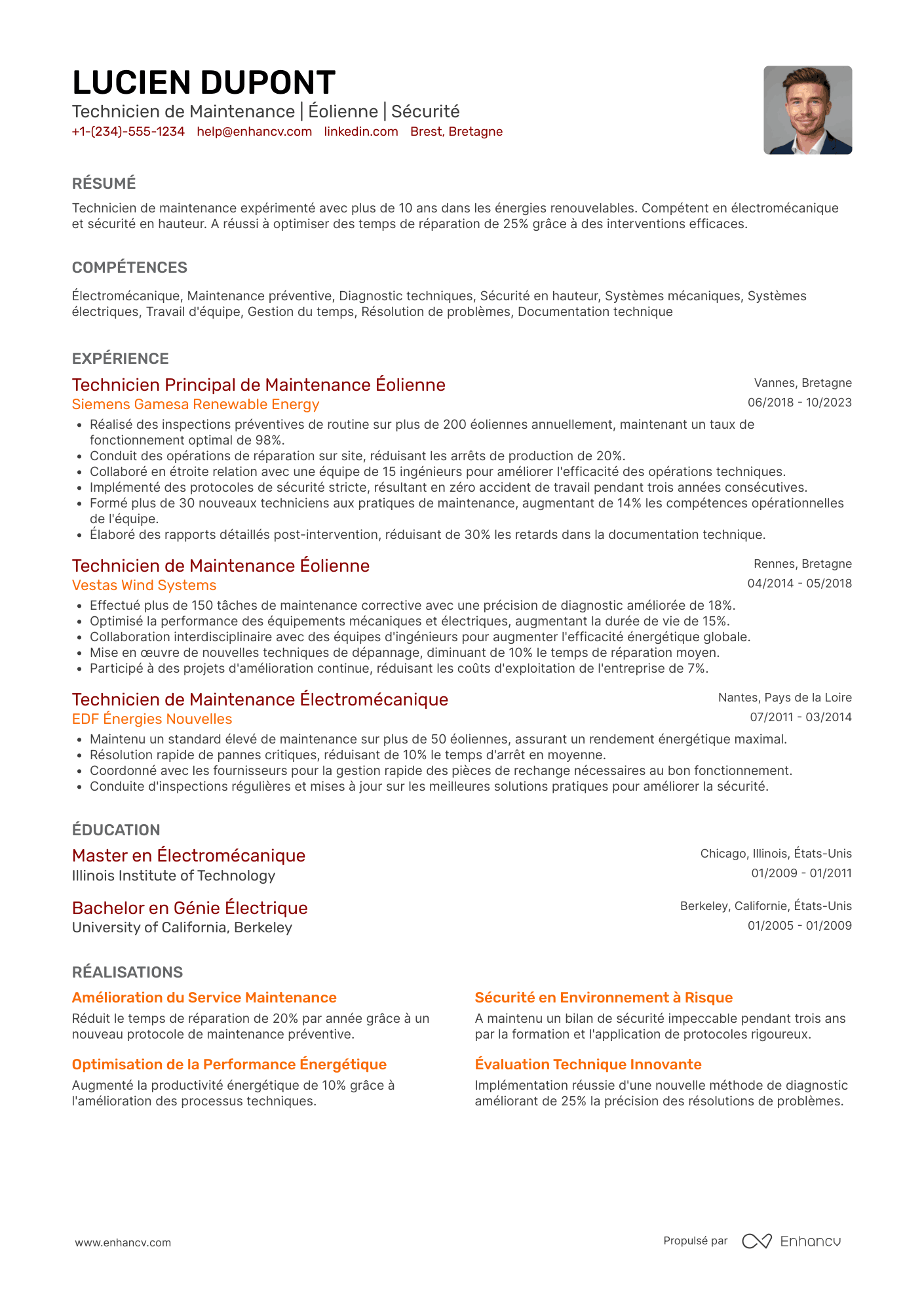 CV de technicien de maintenance sur éolienne Resume Example