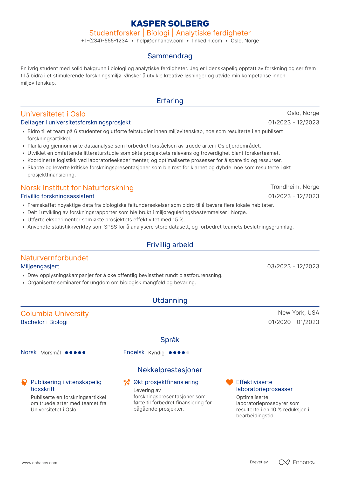 CV for Studentforsker Resume Example