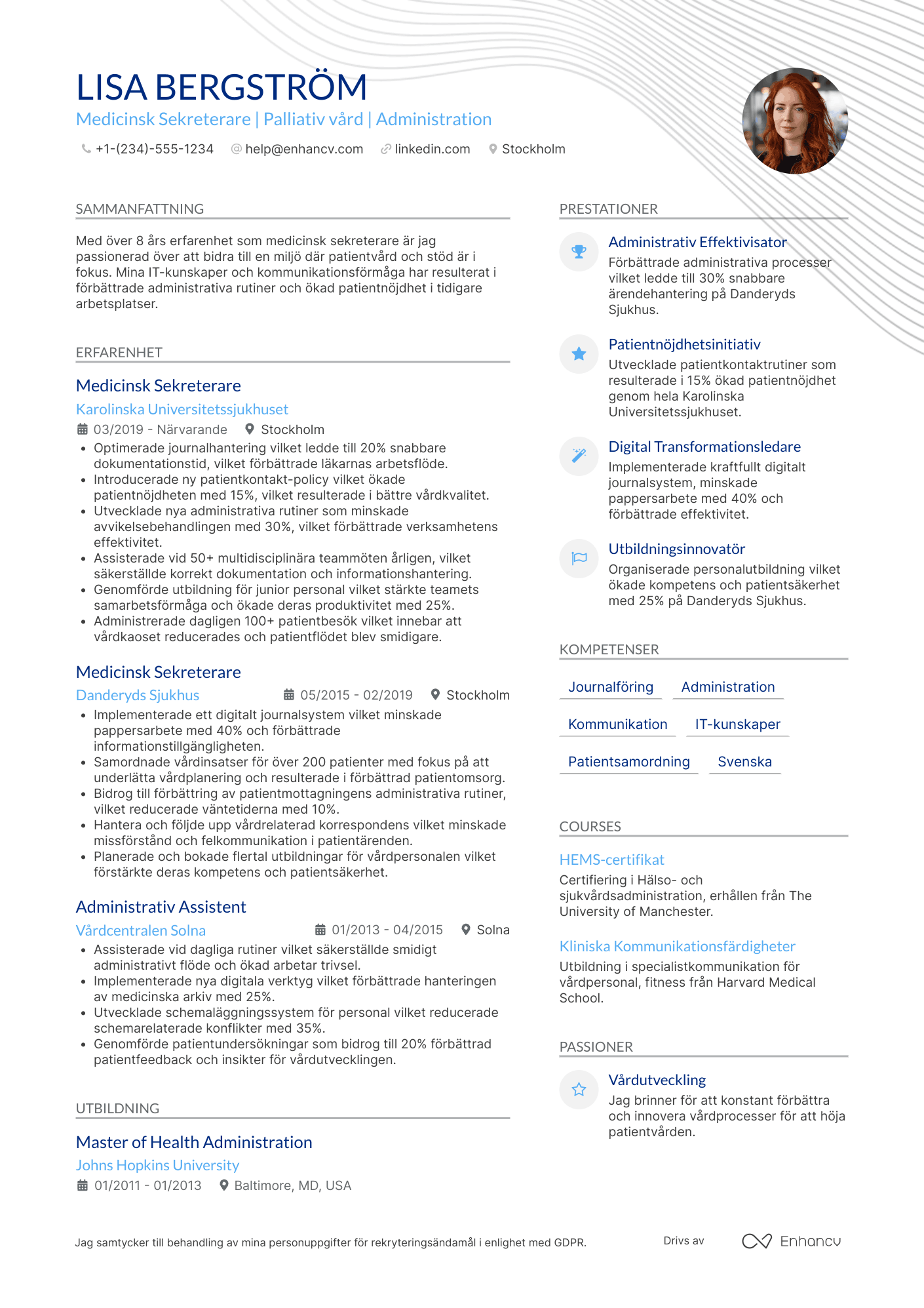 CV för Medicinsk Sekreterare inom Palliativ Vård Resume Example