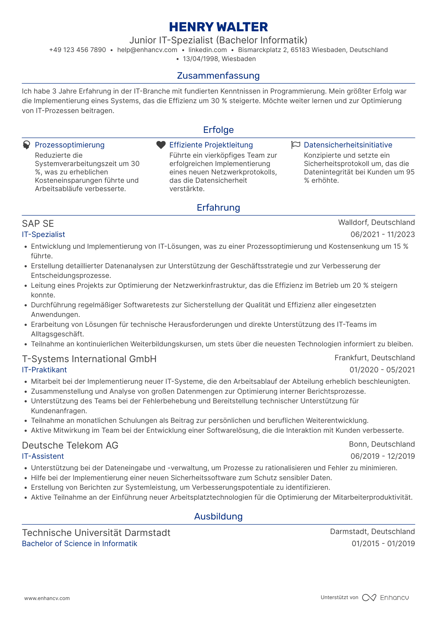 Lebenslauf in Junior Akademiker in der IT Branche Resume Example