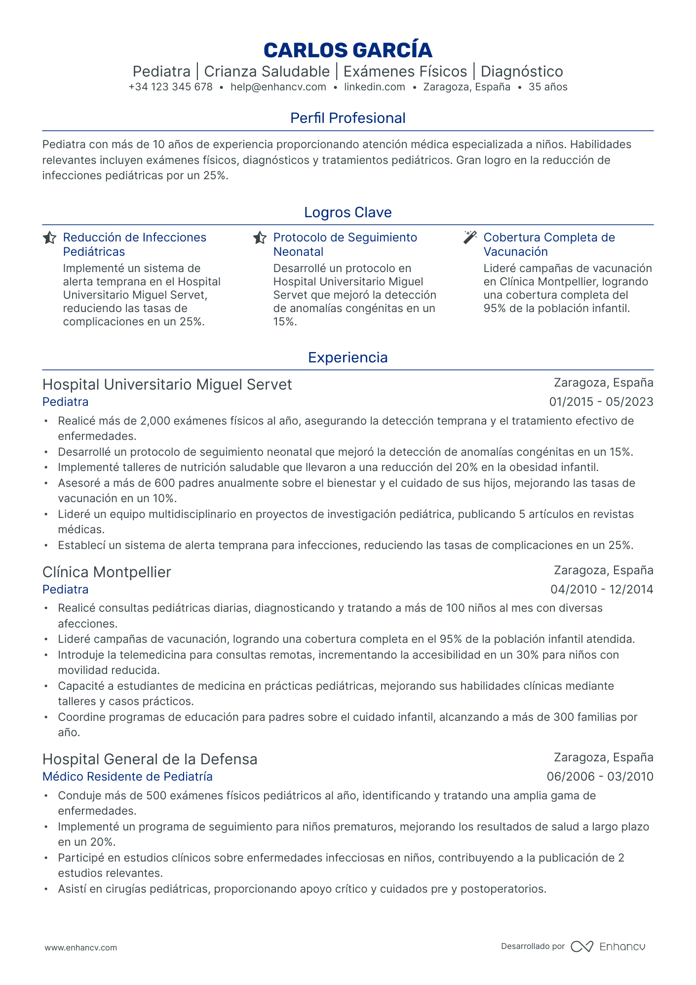 Médico Pediatra Resume Example