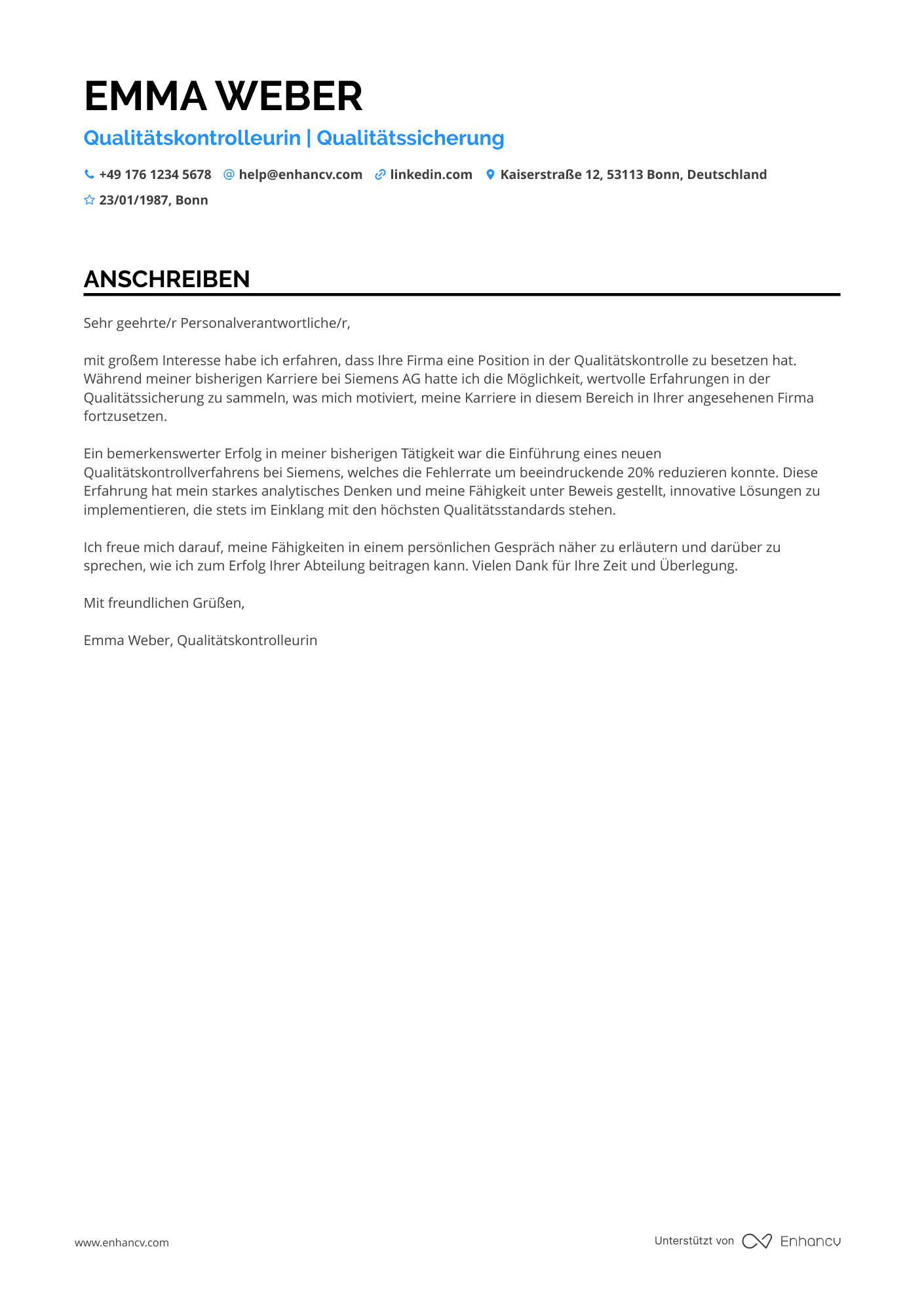 Einsteiger Qualitätskontrolleur Resume Example