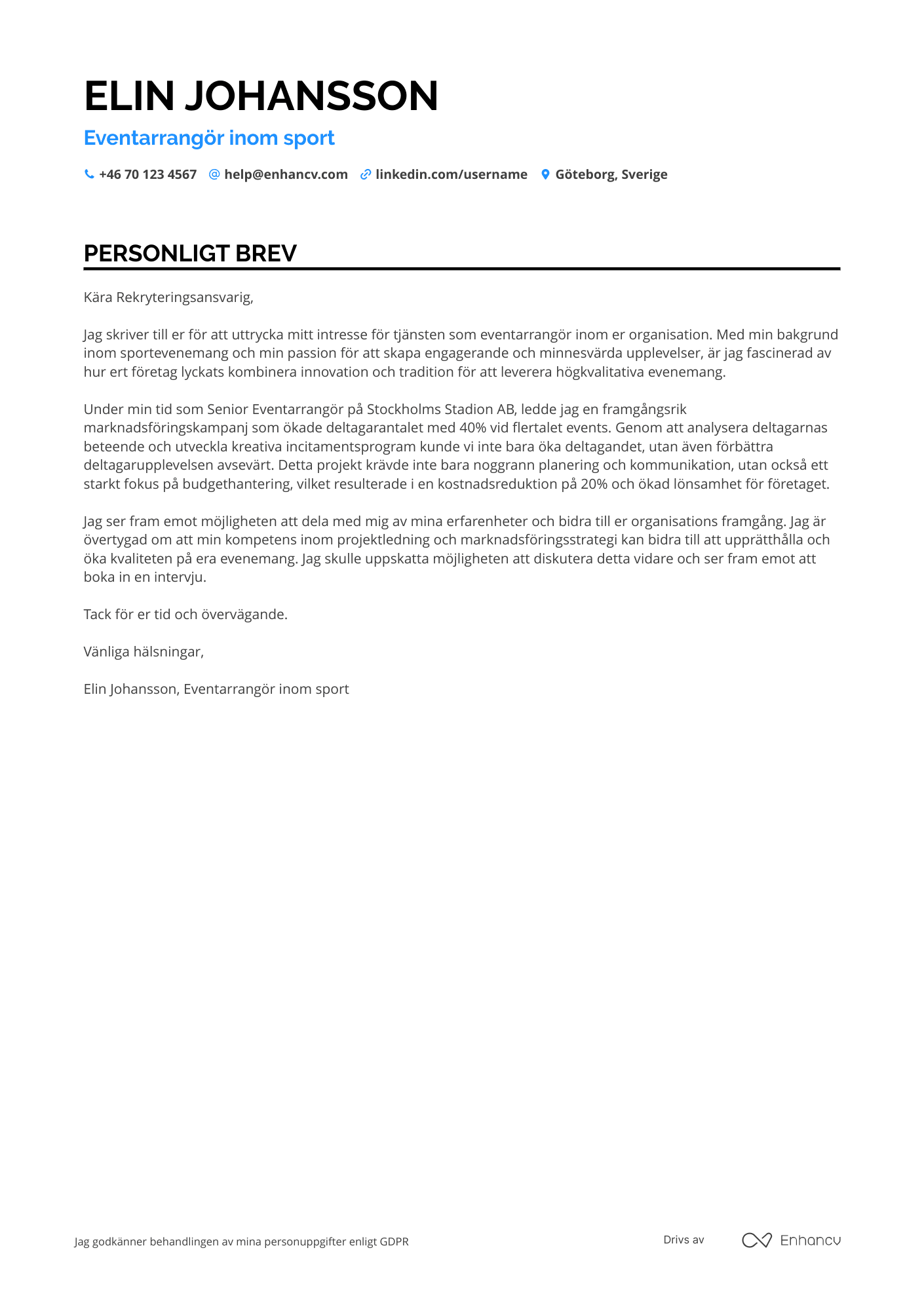 Personligt brev för Eventarrangör inom sport Resume Example