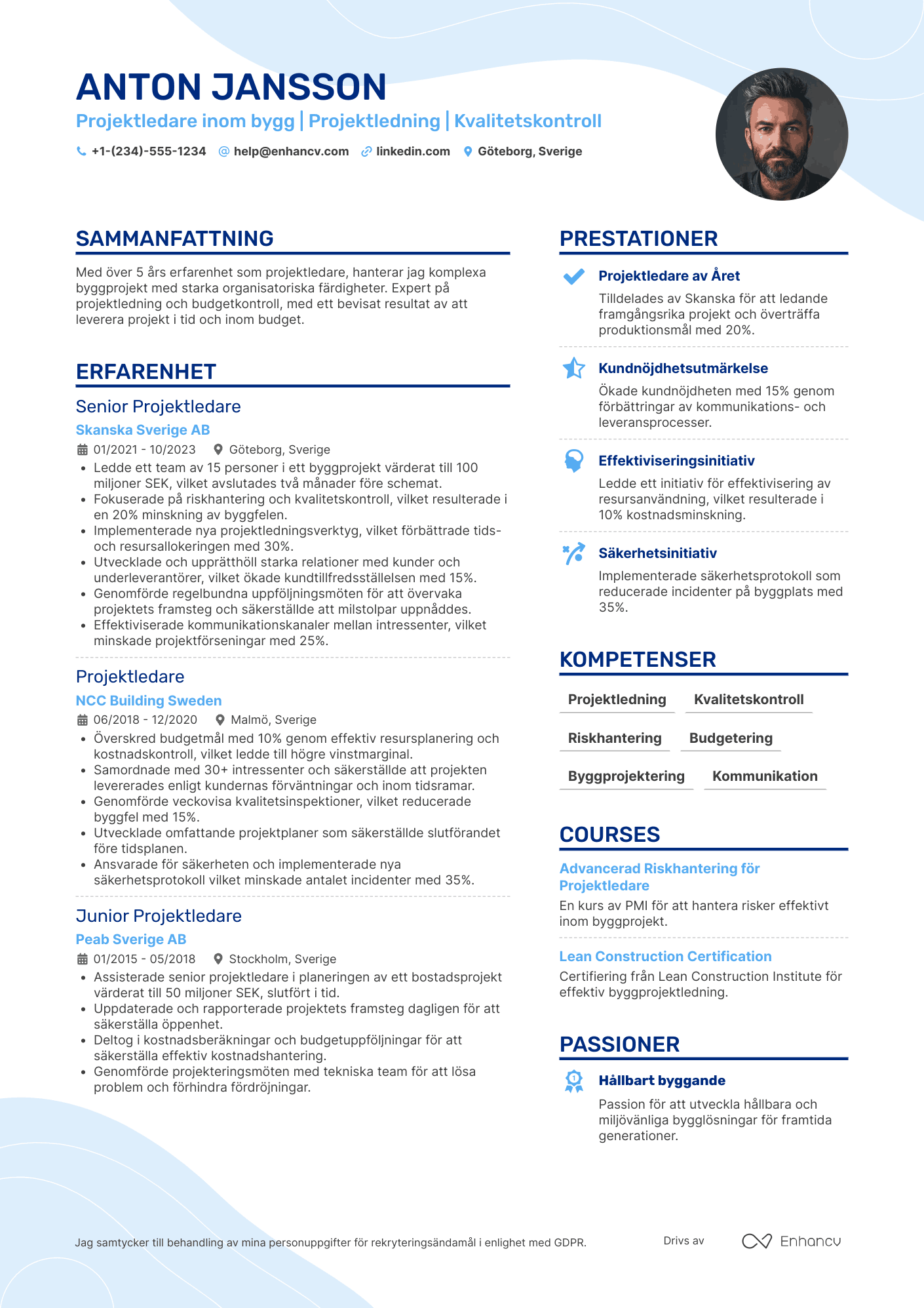 CV för Projektledare inom bygg Resume Example