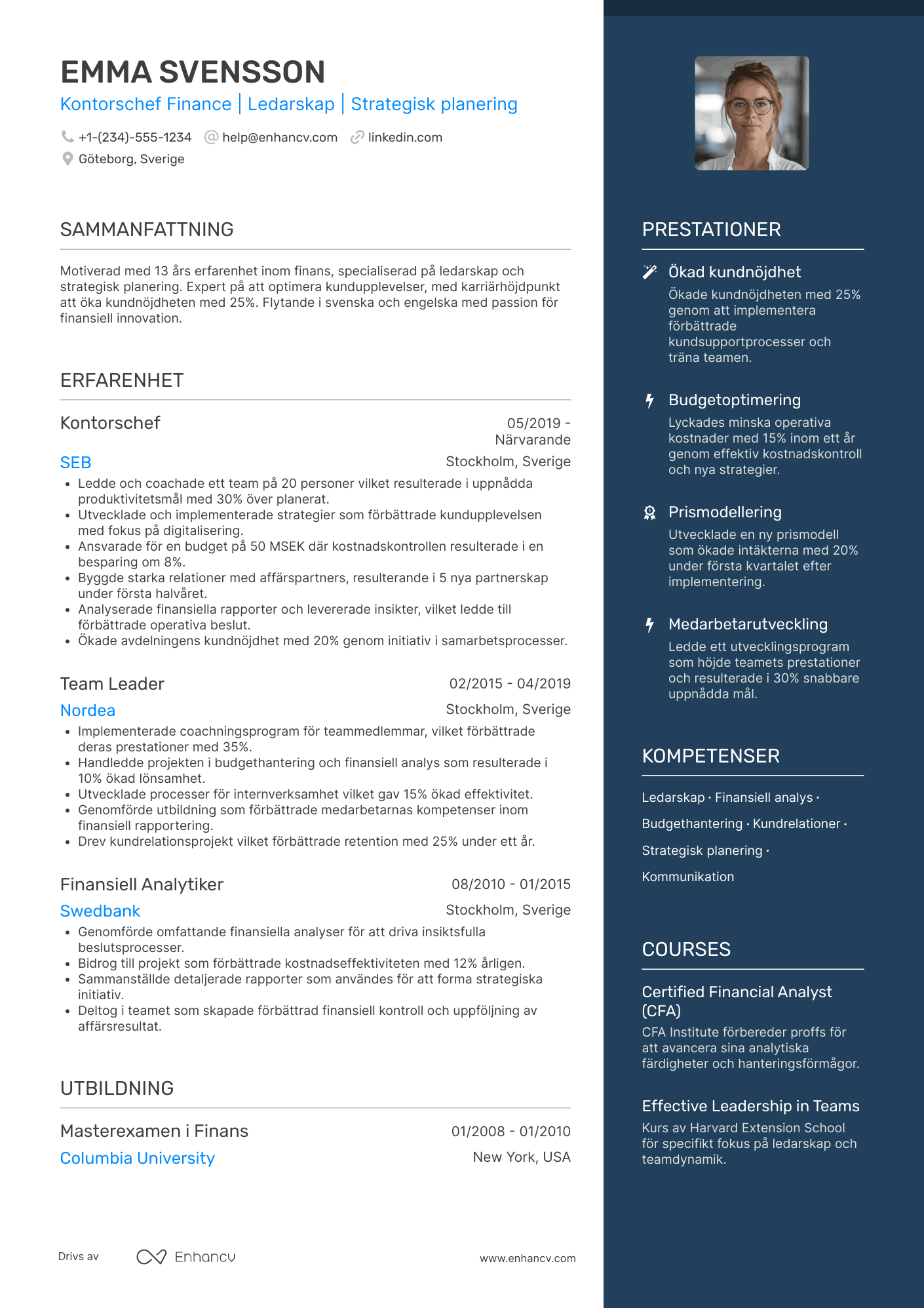 CV för Kontorschef Finance Resume Example
