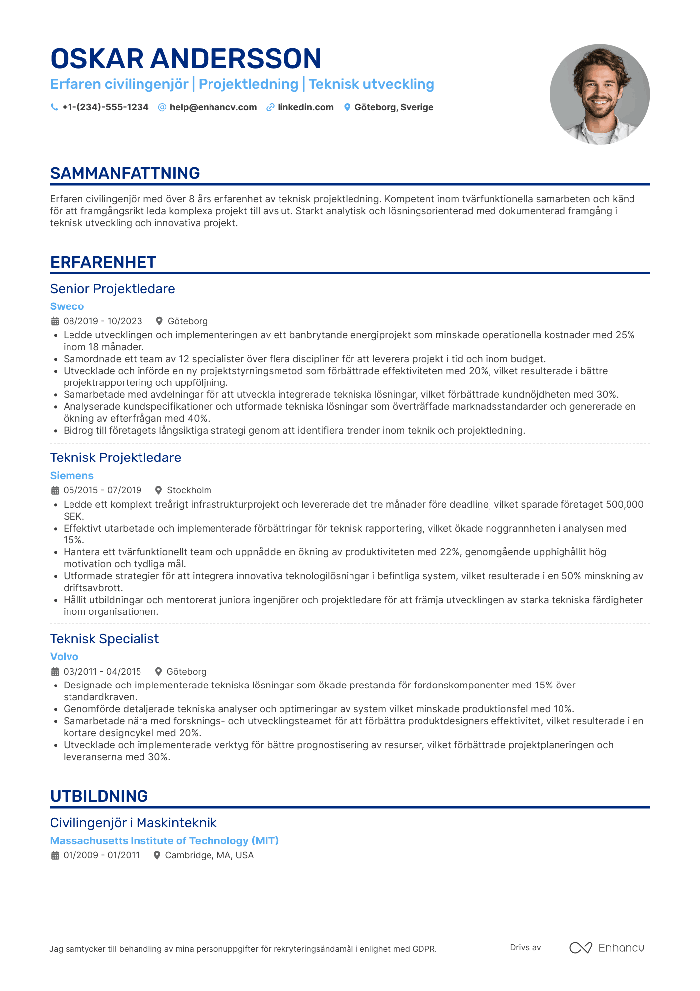 CV för Erfaren civilingenjör Resume Example