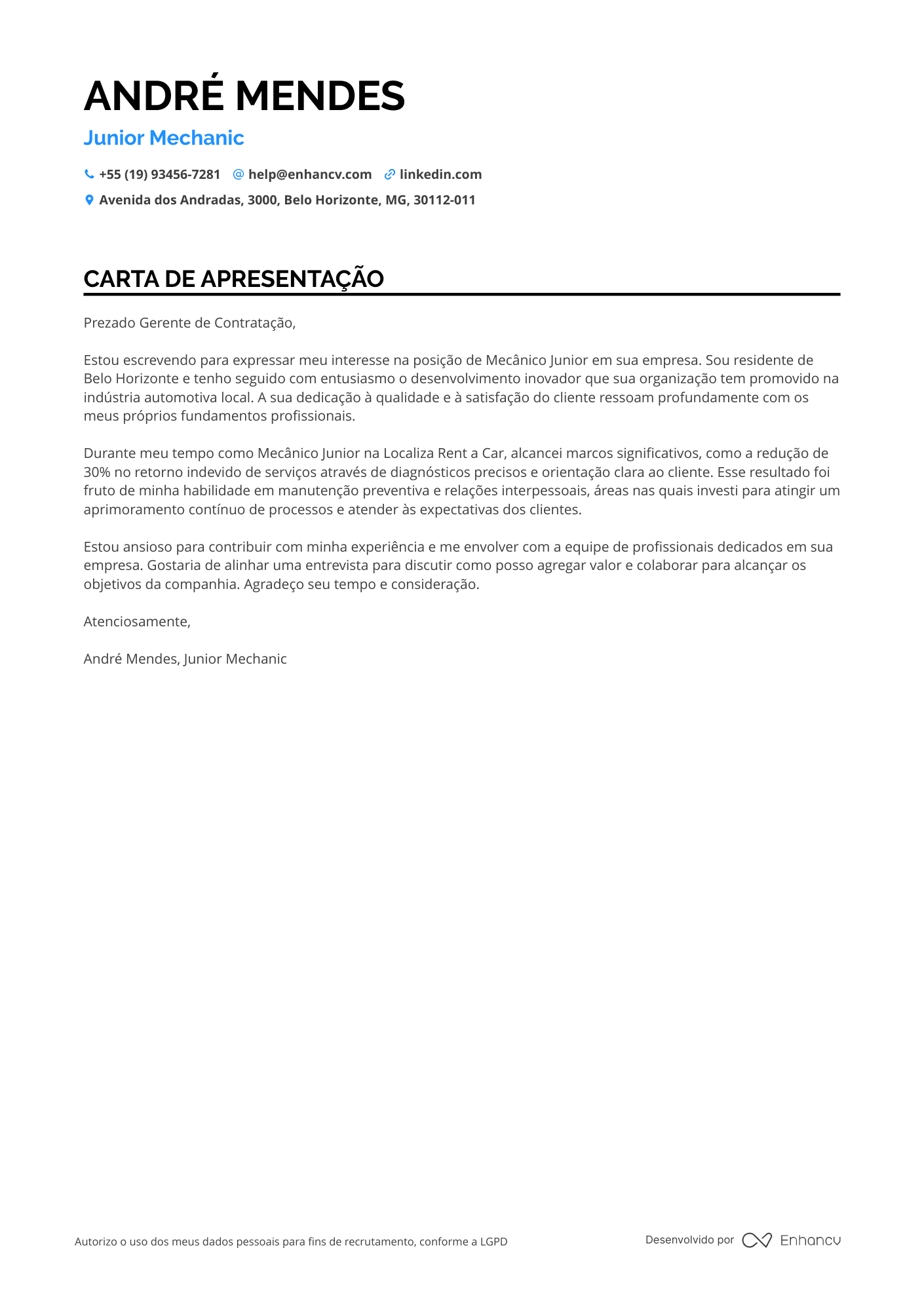 Mecânico Júnior Resume Example