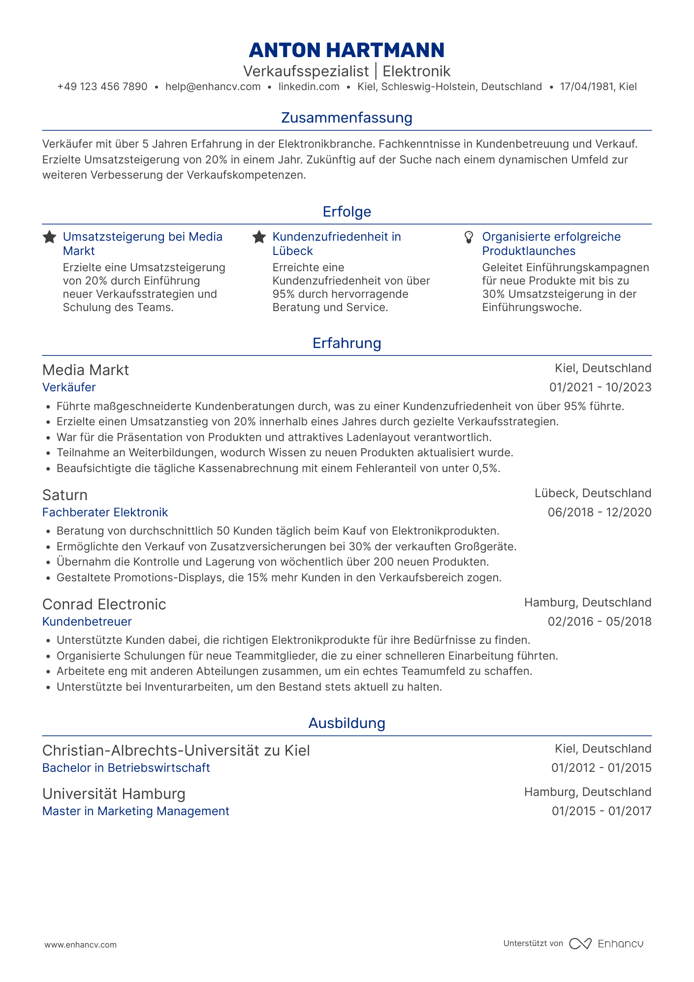 Lebenslauf in Verkäuferin in der Elektronikbranche Resume Example