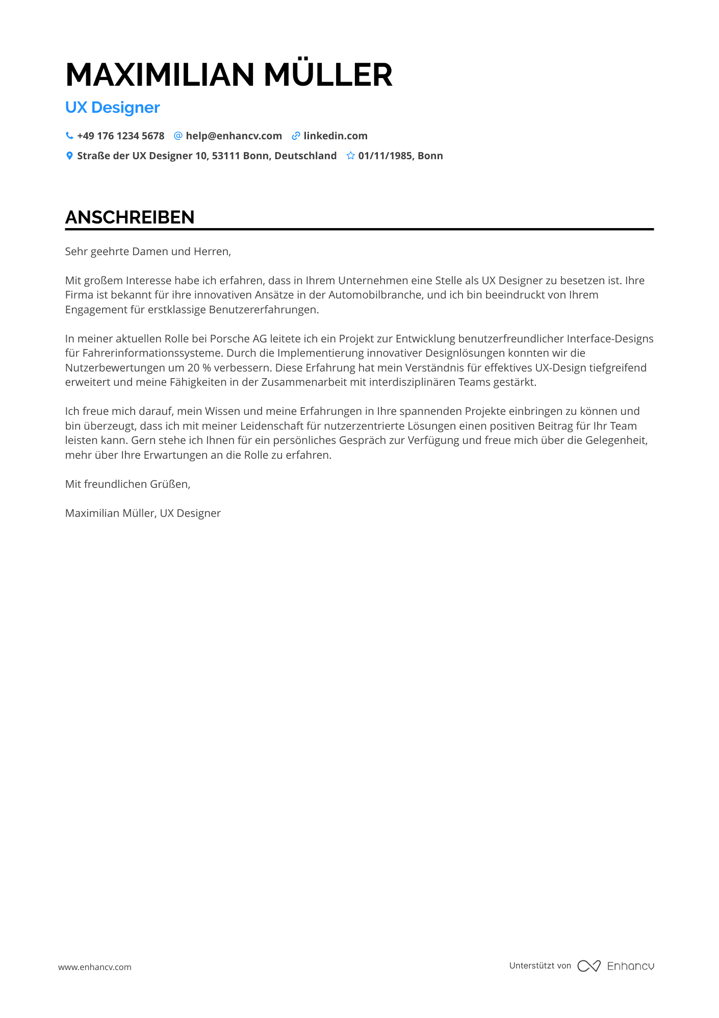 UX Designer für Automobilindustrie Resume Example