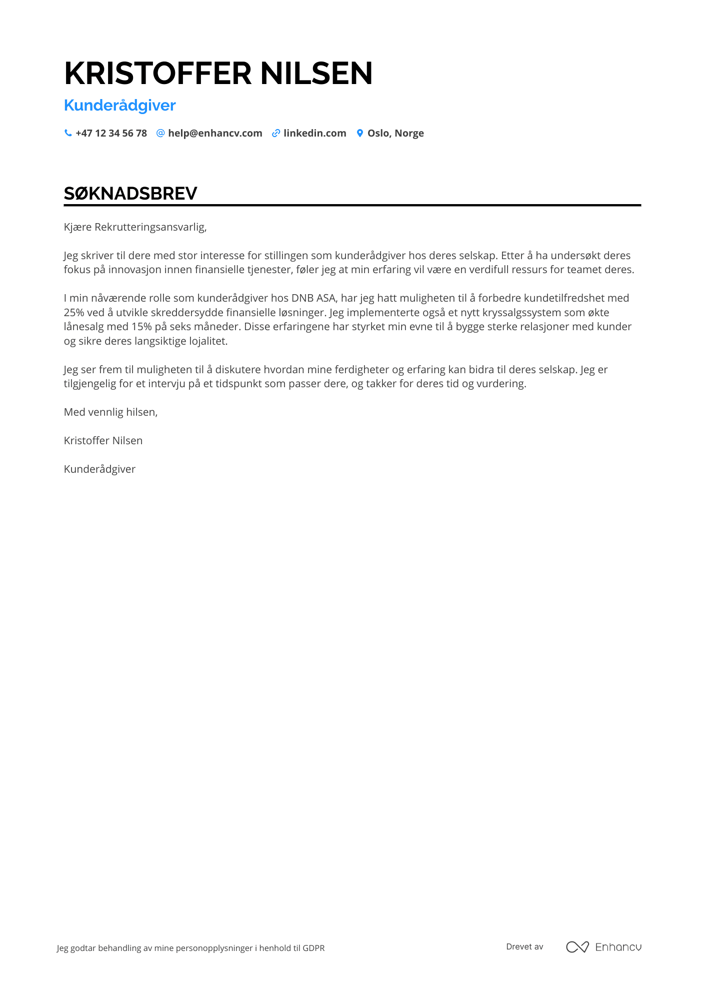 Søknadsbrev for Kunderådgiver i Retail Banking Resume Example