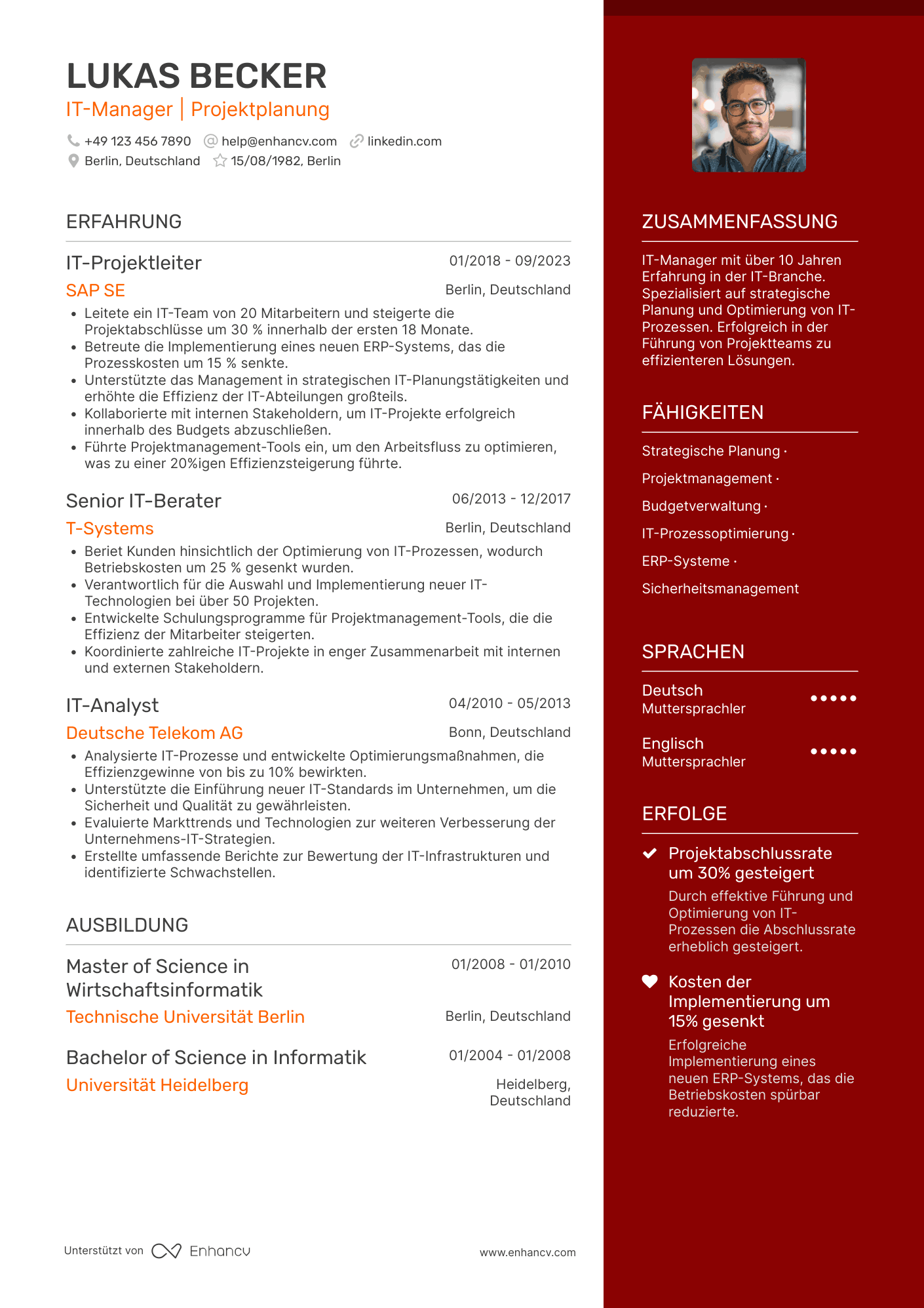 Lebenslauf in Stellvertretender Manager in der IT Branche Resume Example