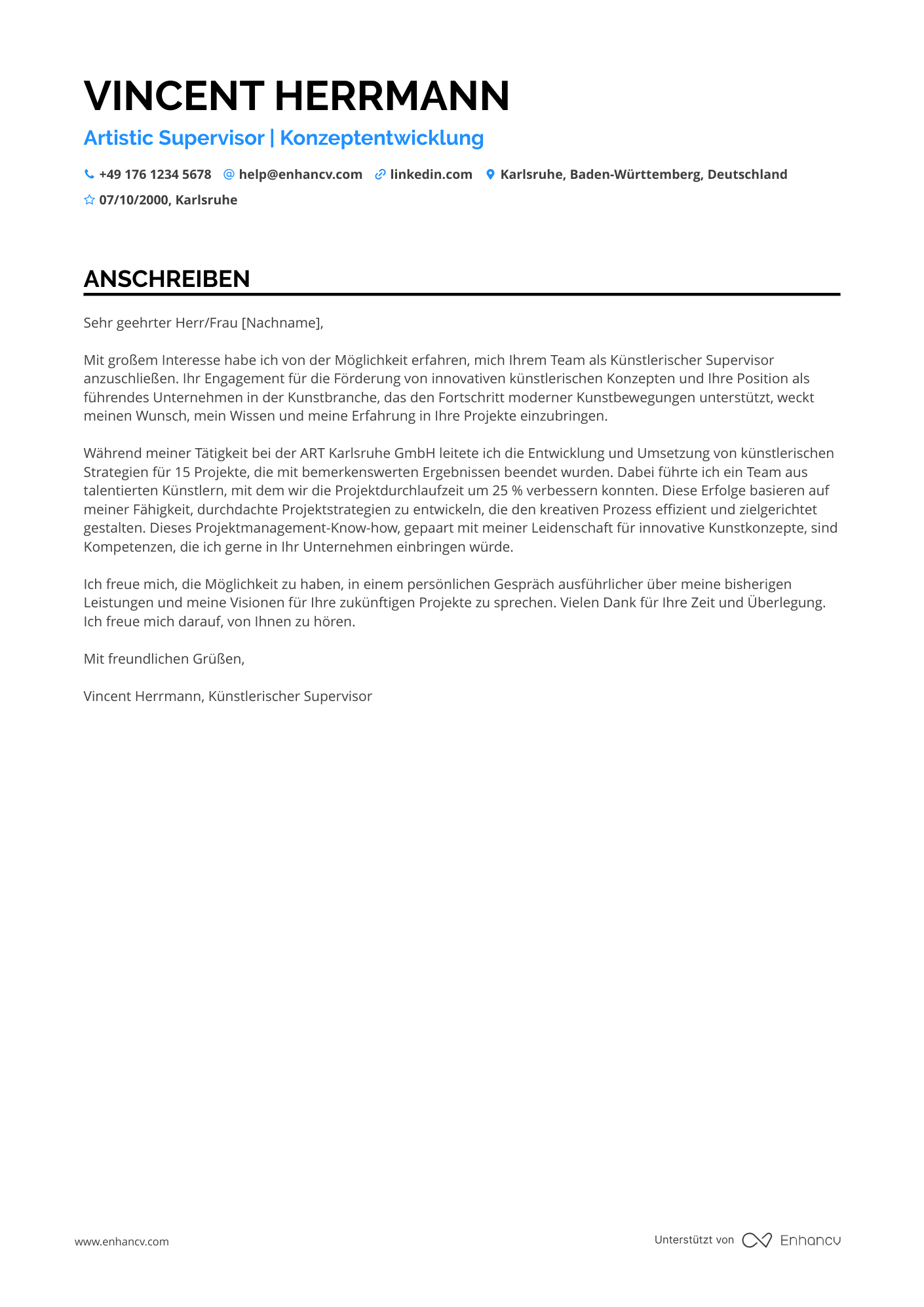 Künstlerischer Supervisor Resume Example