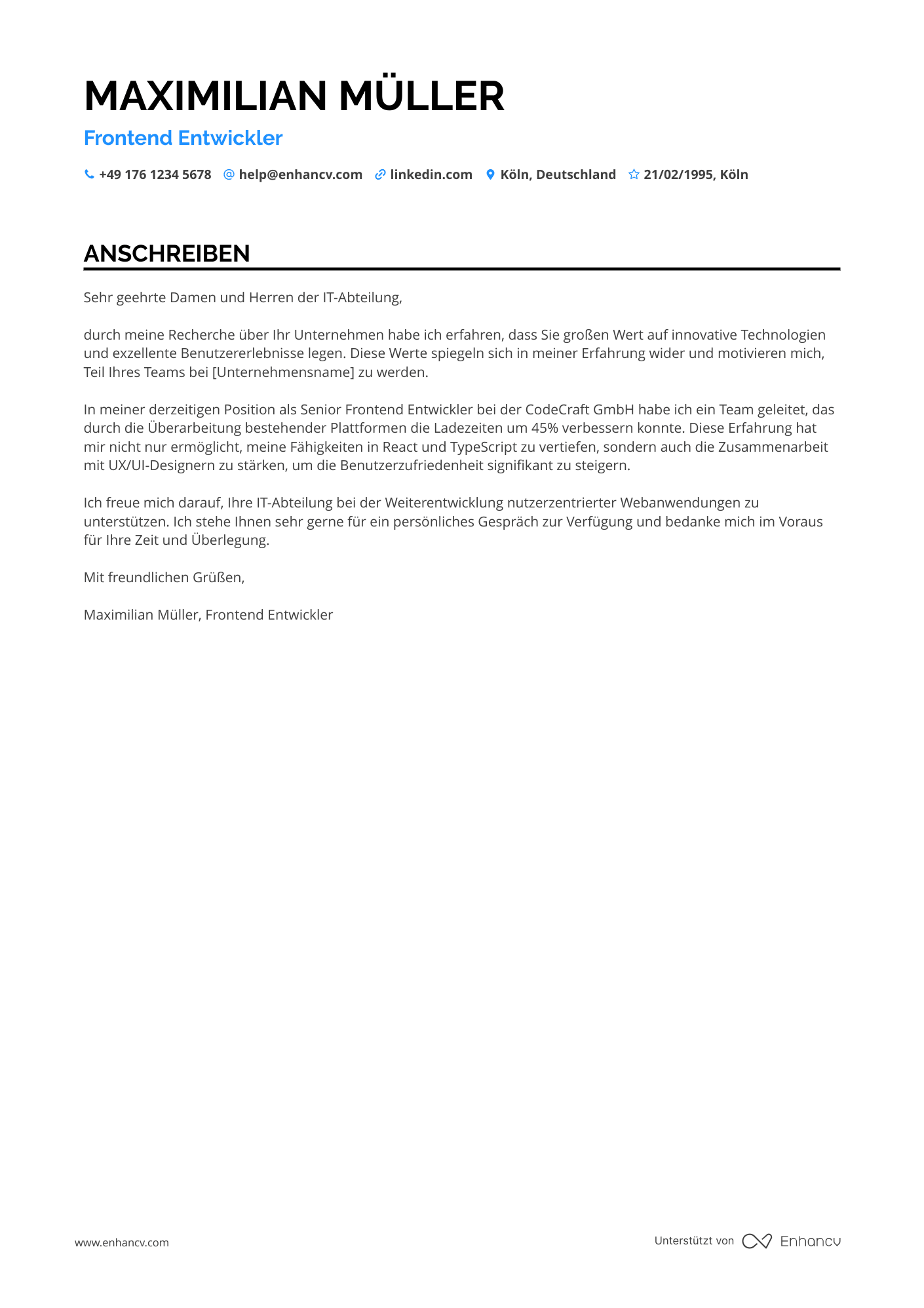 Frontend Entwickler für JavaScript Resume Example