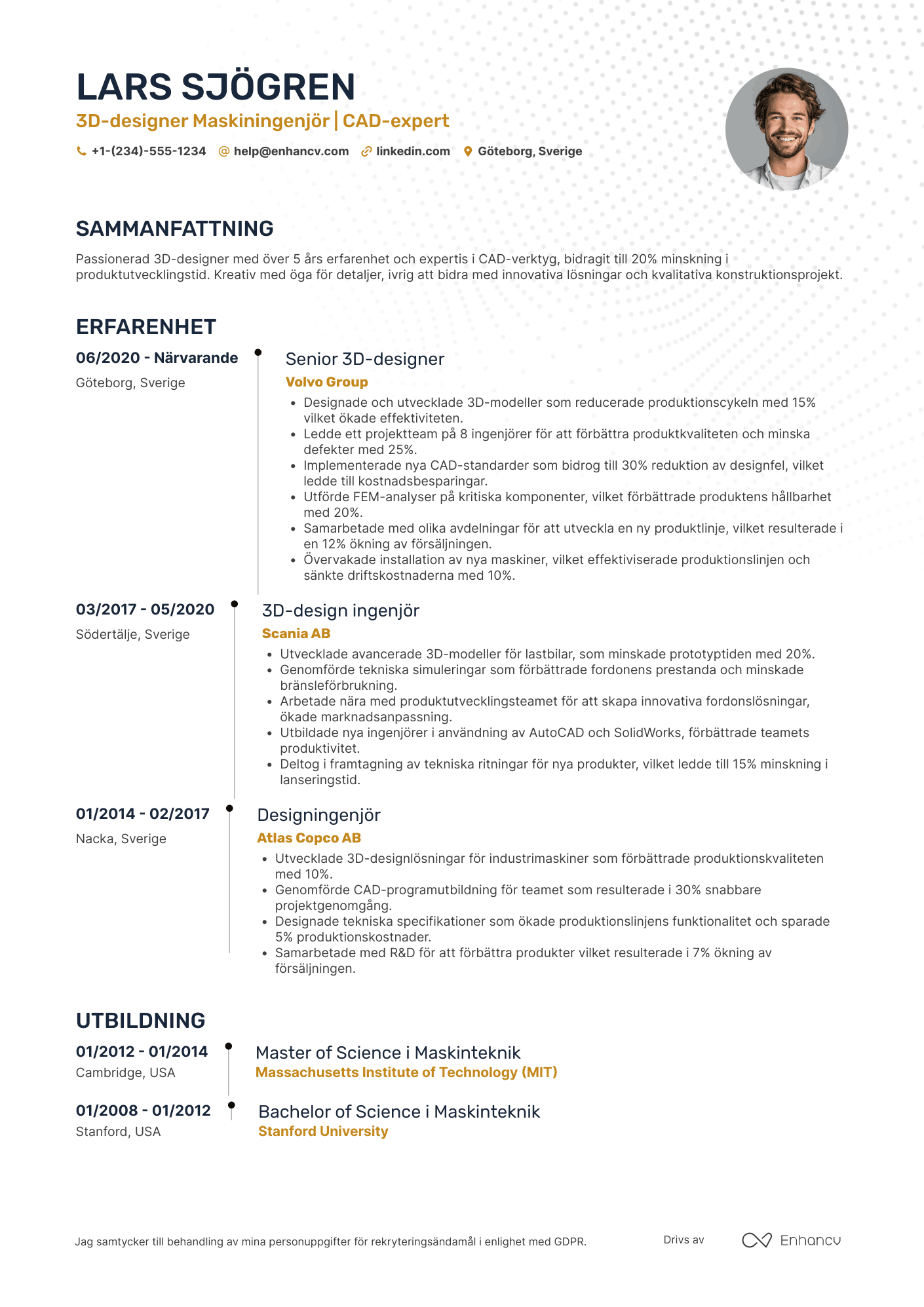 CV för 3D designer Maskiningenjör Resume Example