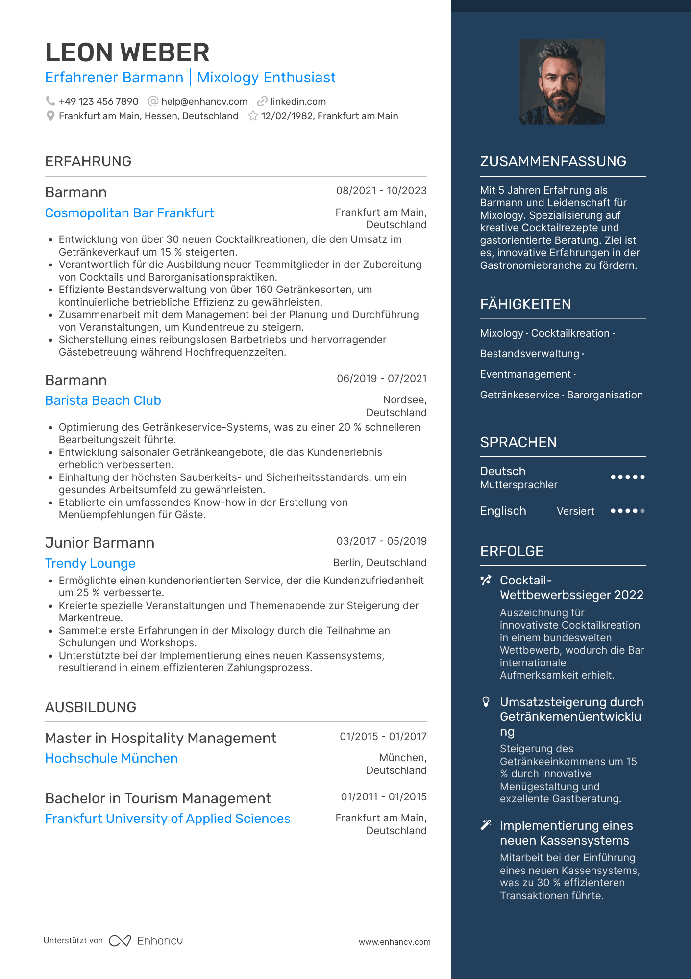 Lebenslauf als Barmann für Strandbar Resume Example
