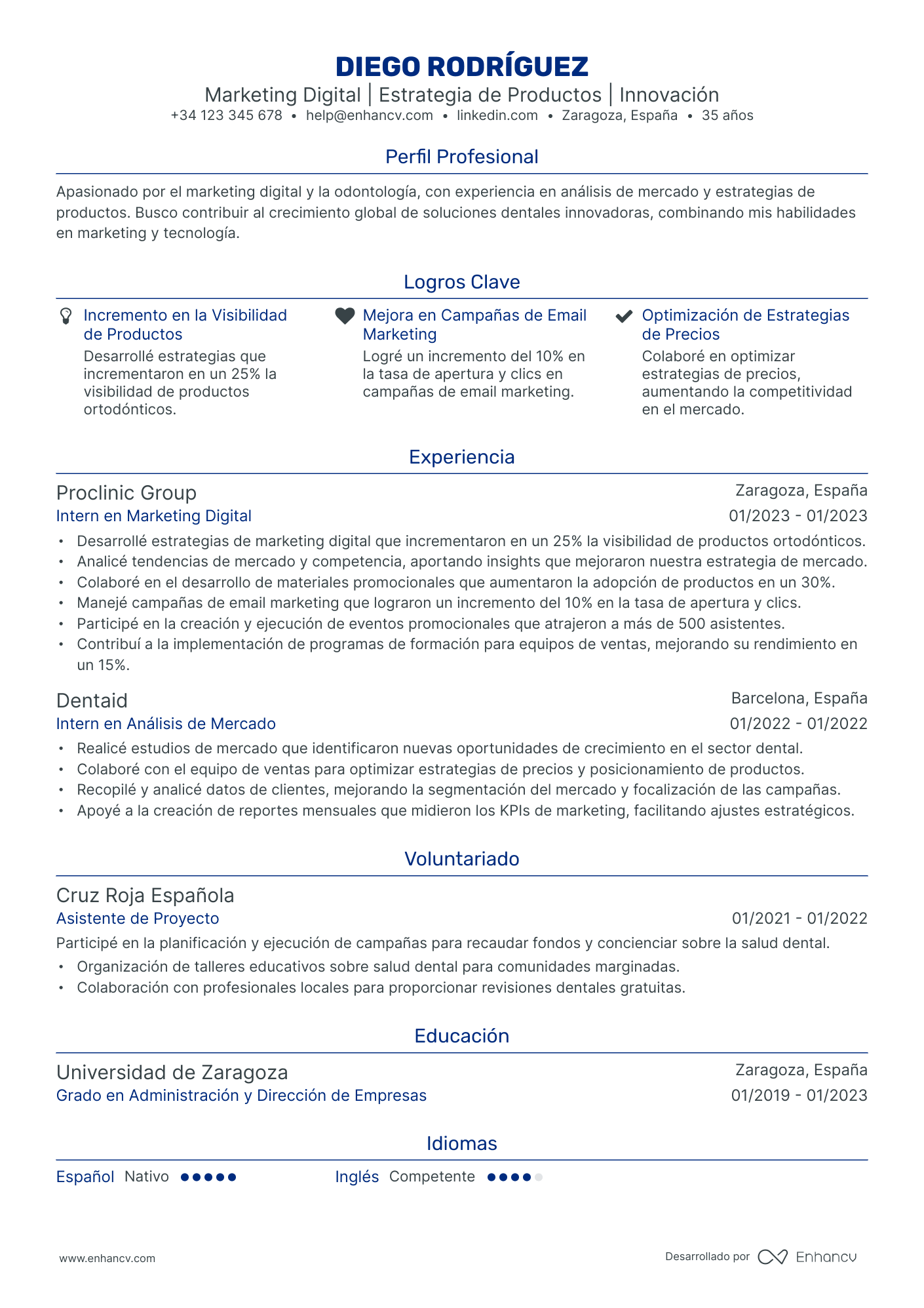 Practicante de Marketing Junior Resume Example