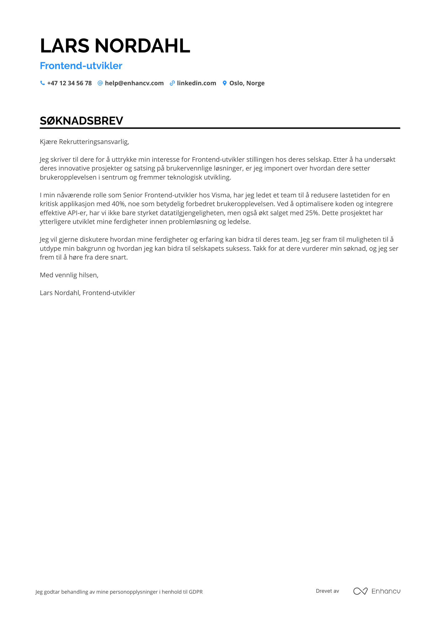 Søknadsbrev for Frontend‑utvikler med Angular Resume Example