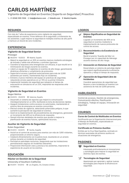 Vigilante de seguridad en eventos Resume Example