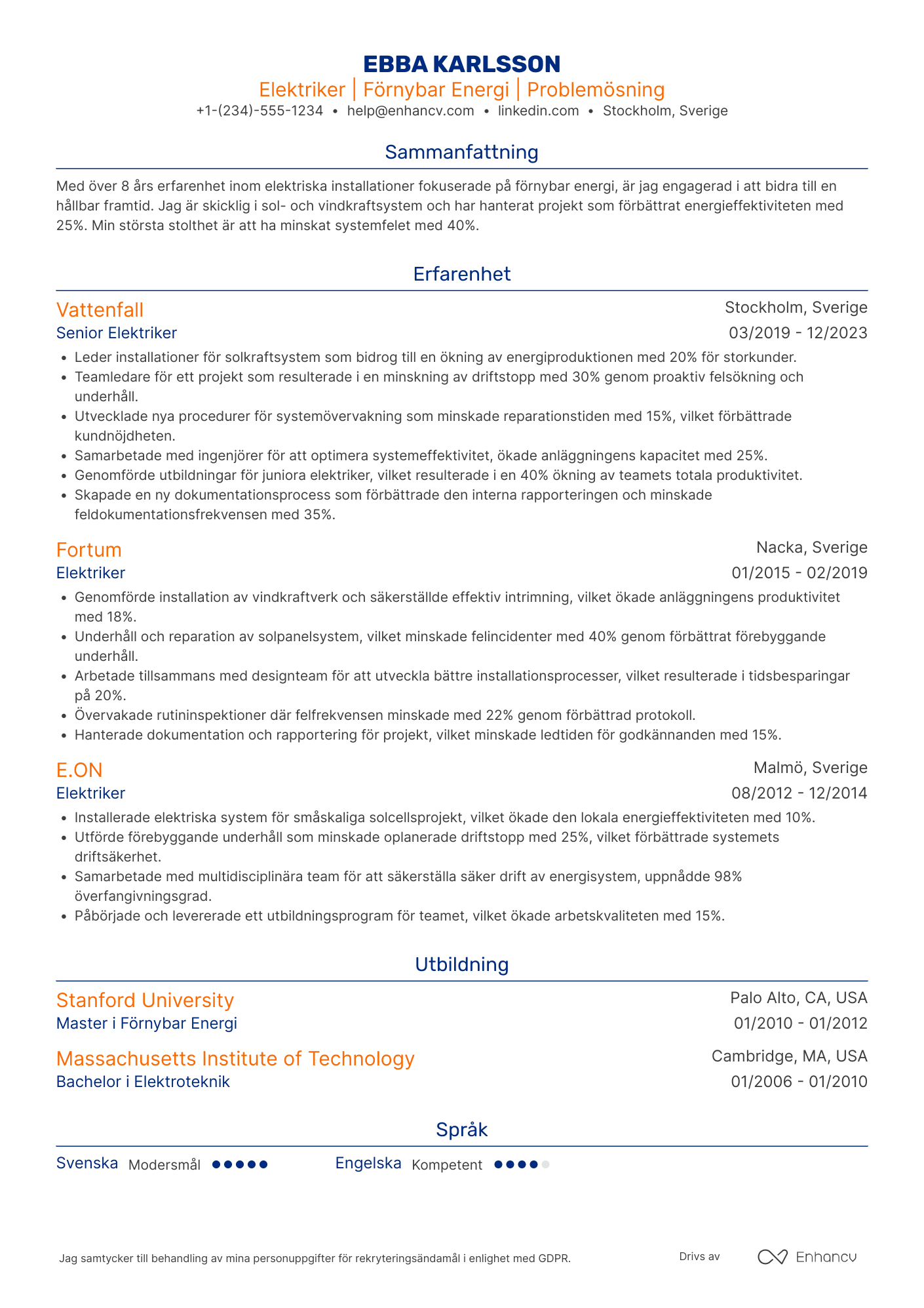 CV för Elektriker för förnybar energi Resume Example