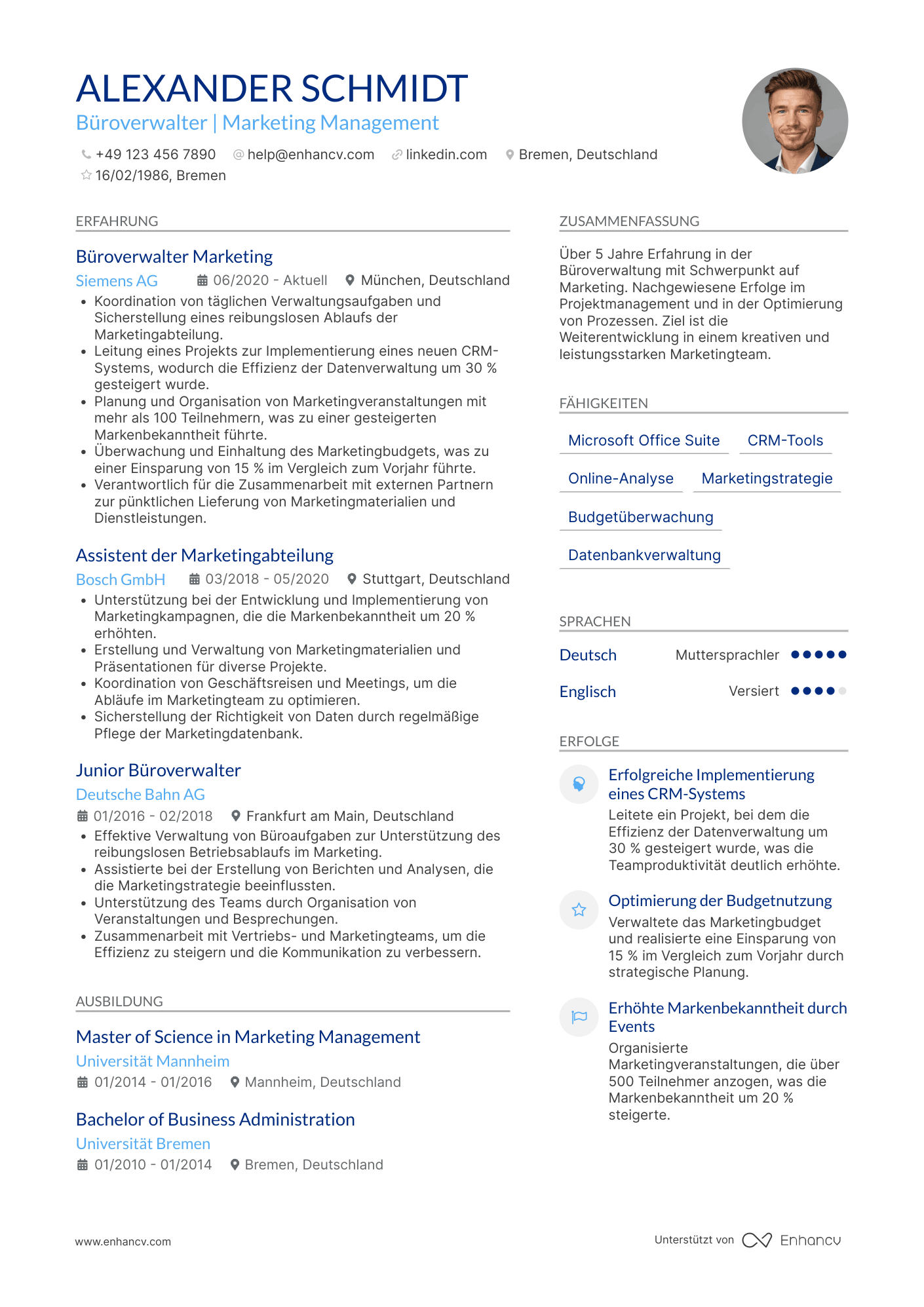 Lebenslauf als Büroverwalter für Marketing Resume Example