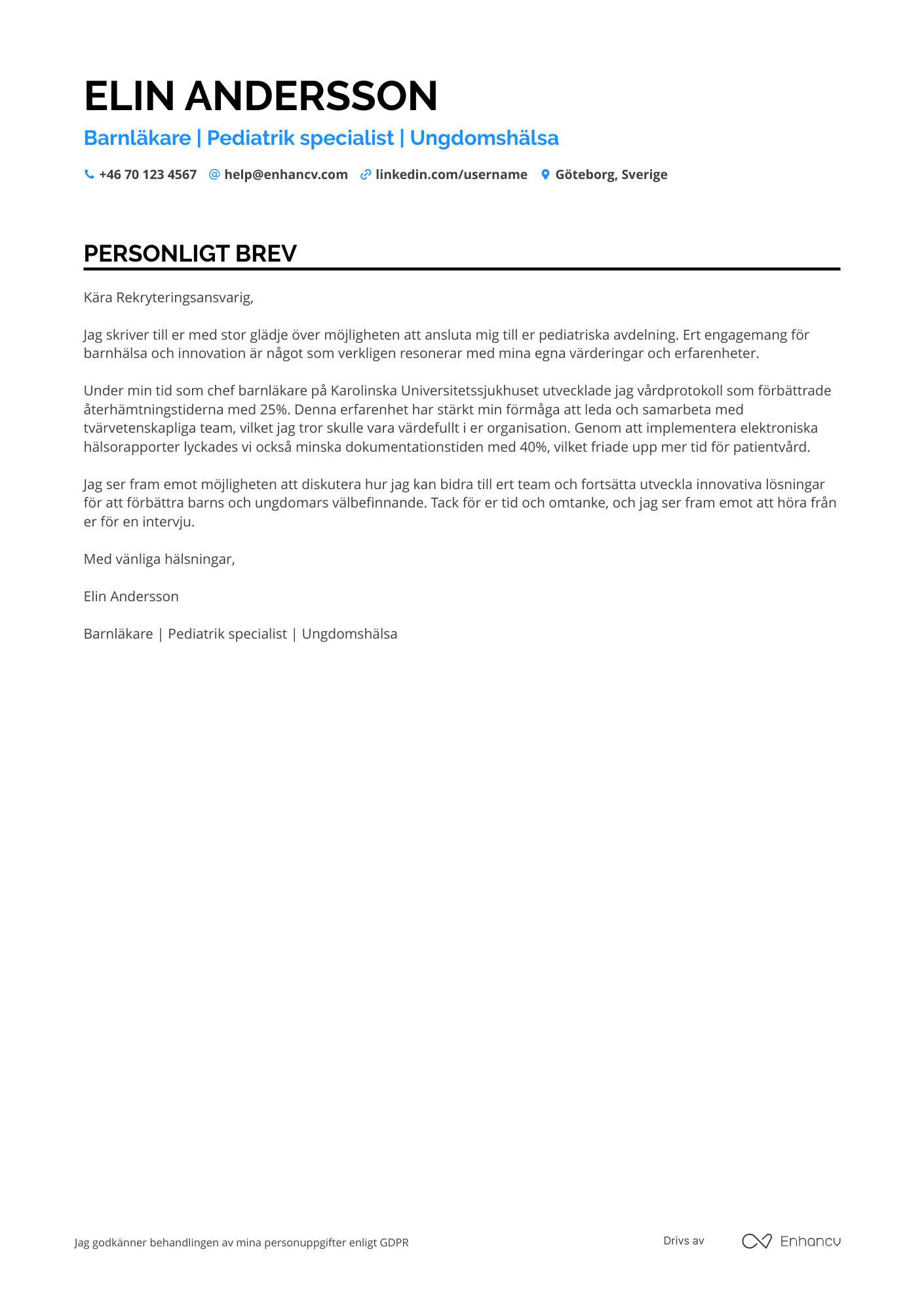 Personligt brev för Barnläkare Resume Example