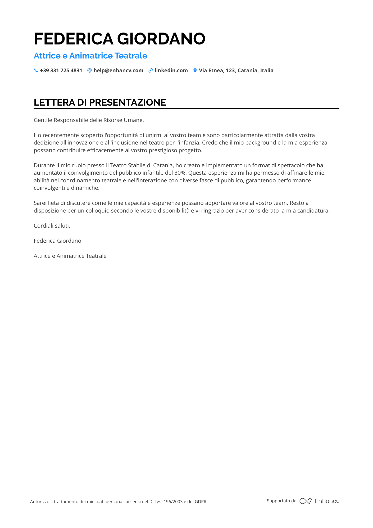 Attore Teatrale Resume Example