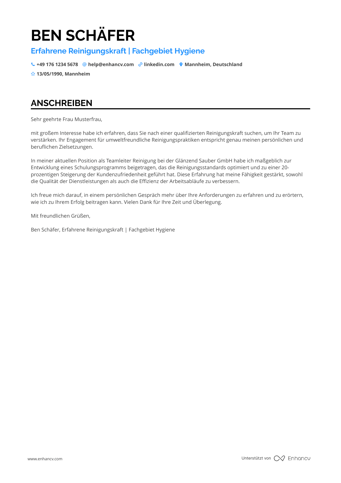 Erfahrene Reinigungskraft Resume Example
