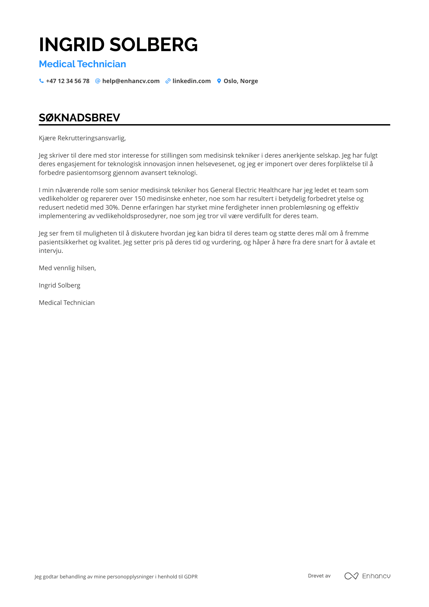 Søknadsbrev for Medisinsk tekniker Resume Example