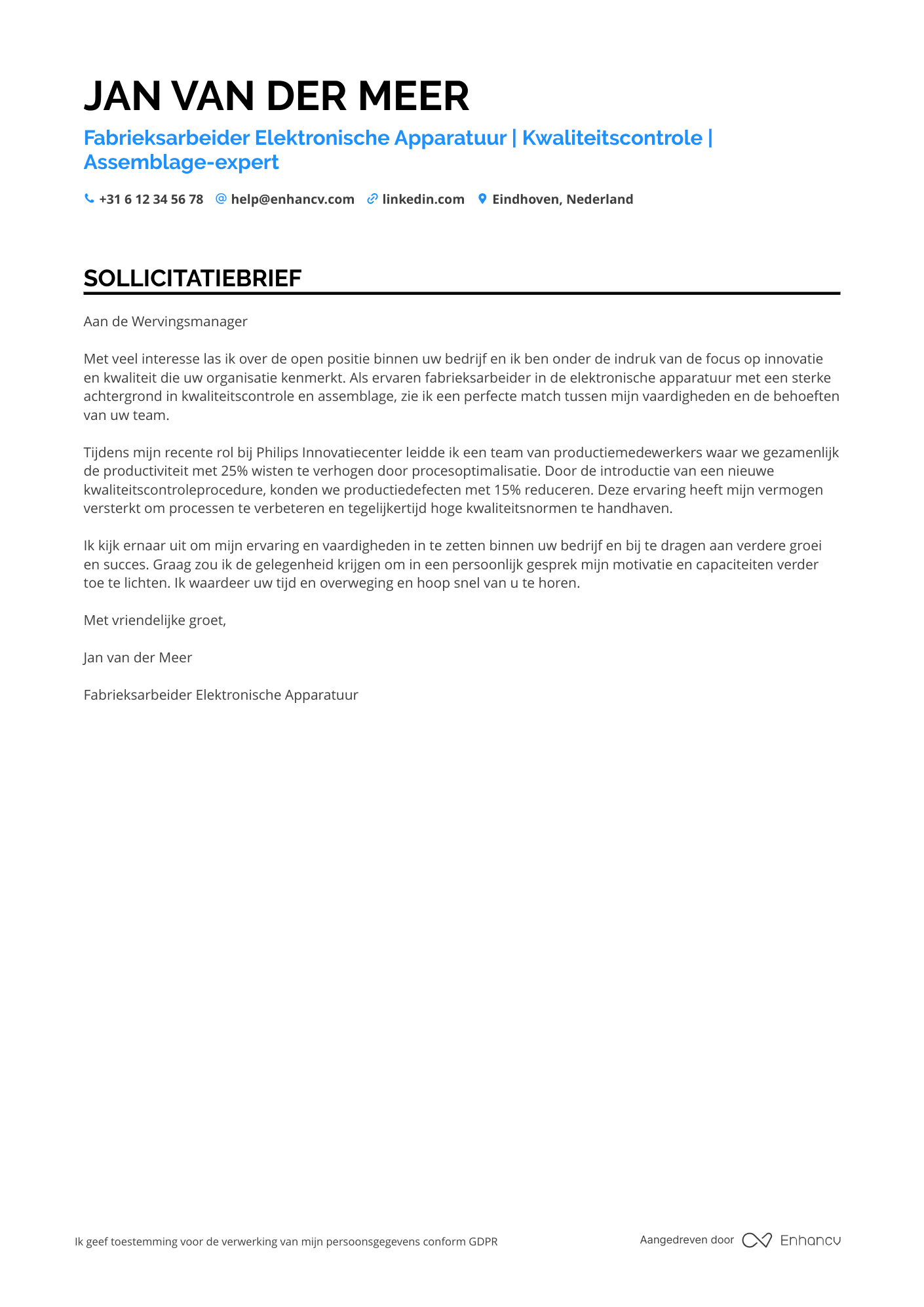 Sollicitatiebrief voor Fabrieksarbeider Elektronische Apparatuur Resume Example