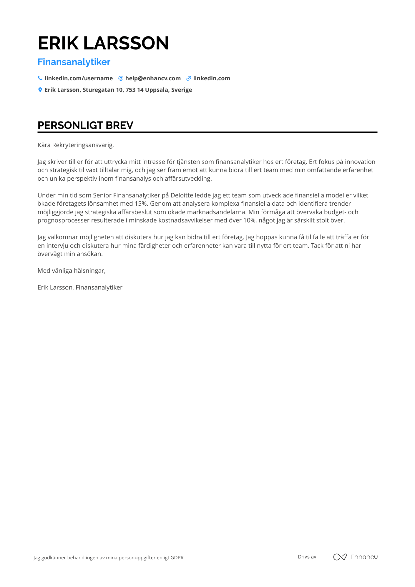 Personligt brev för Finansanalytiker inom företagssektorn Resume Example