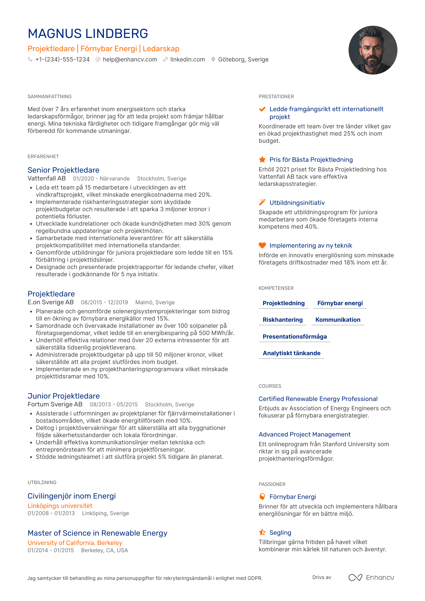 CV för Projektledare inom energi Resume Example